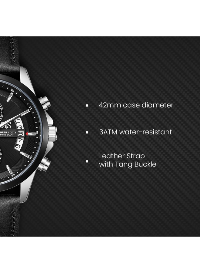Kenneth Scott Men’s Chronograph Watch | Black Dial, Black Leather Band, 42mm
