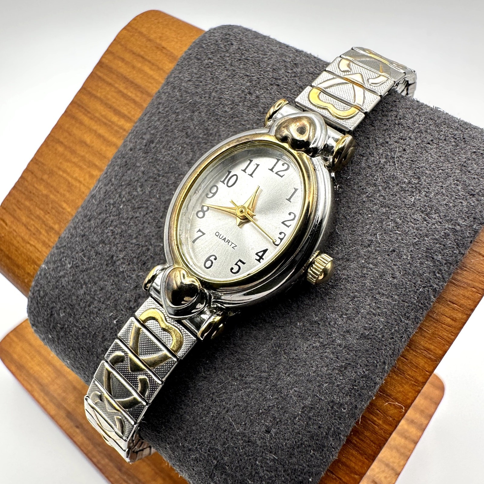 Oval Quartz Watch Two-Tone Silver And Gold Ladies Bracelet Hearts Pattern
