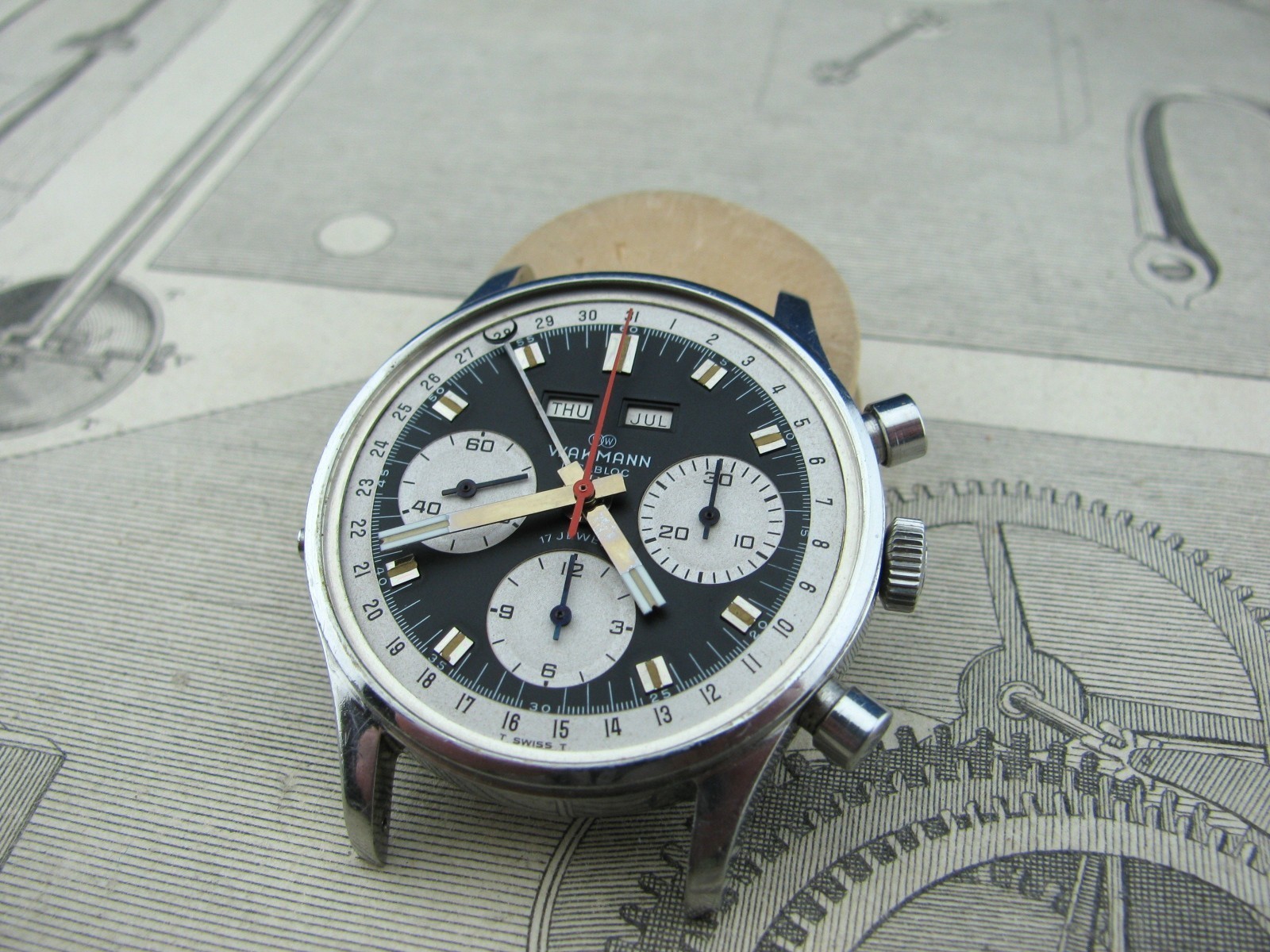 Wakmann Triple Date Calendar Chronograph Reverse Panda Dial Original Unpolished