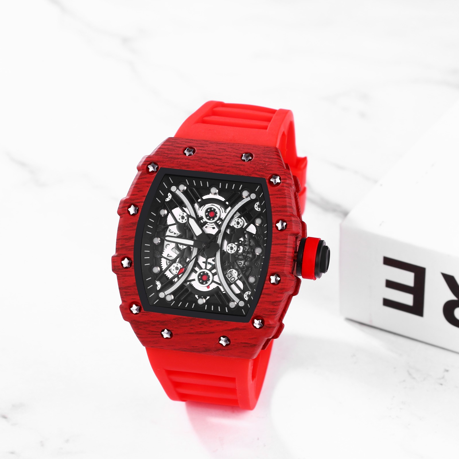 Luminous Mens Silicone Sports Watch Tonneau Skeleton Dial Date Quartz Wristwatch