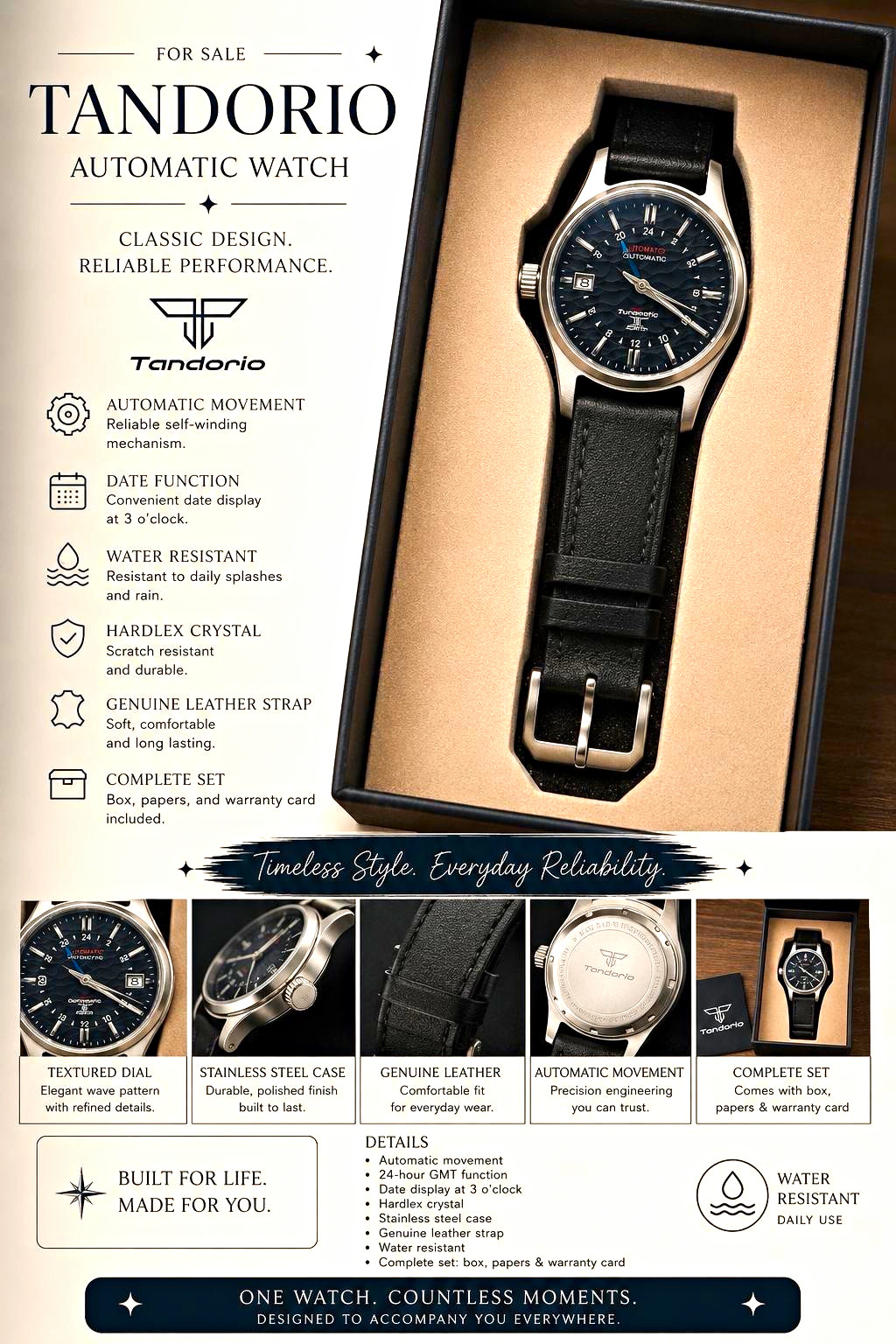 Tandorio TD048 Automatic Watch Textured Black Dial 42mm Box