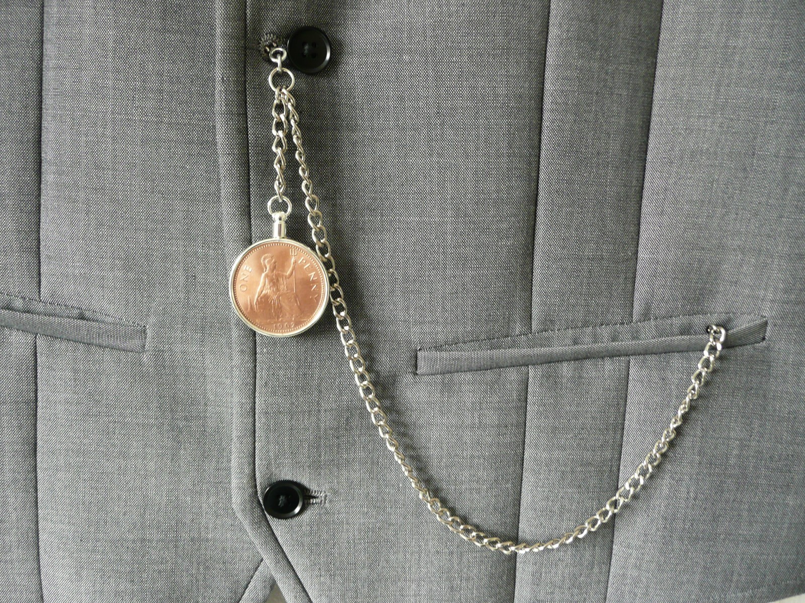 single albert silver plated pocket watch chain BRITISH ONE PENNY COIN cleaned