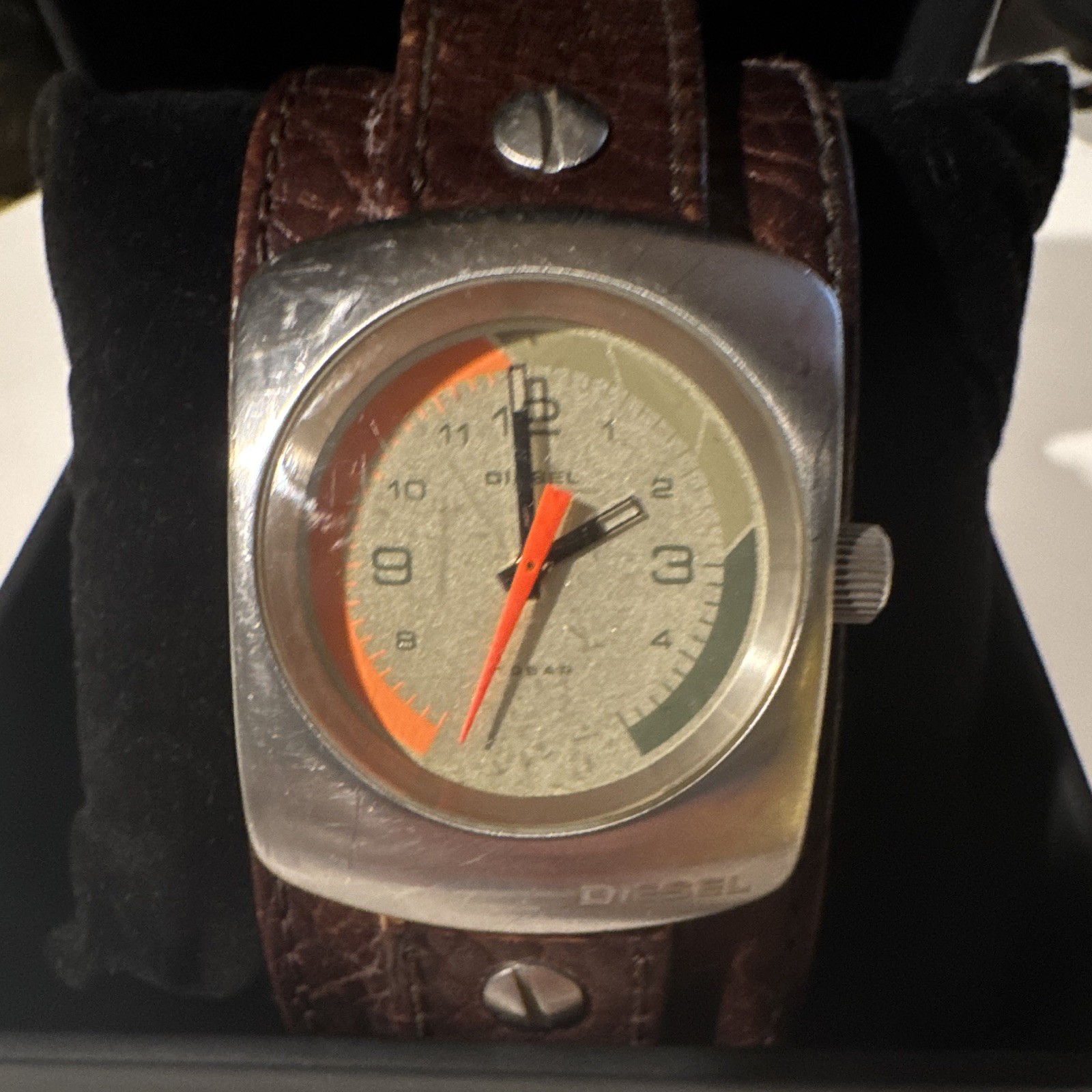 Diesel Quartz Analog Square Silver Case Brown Leather Strap Gray/Orange Dial Box