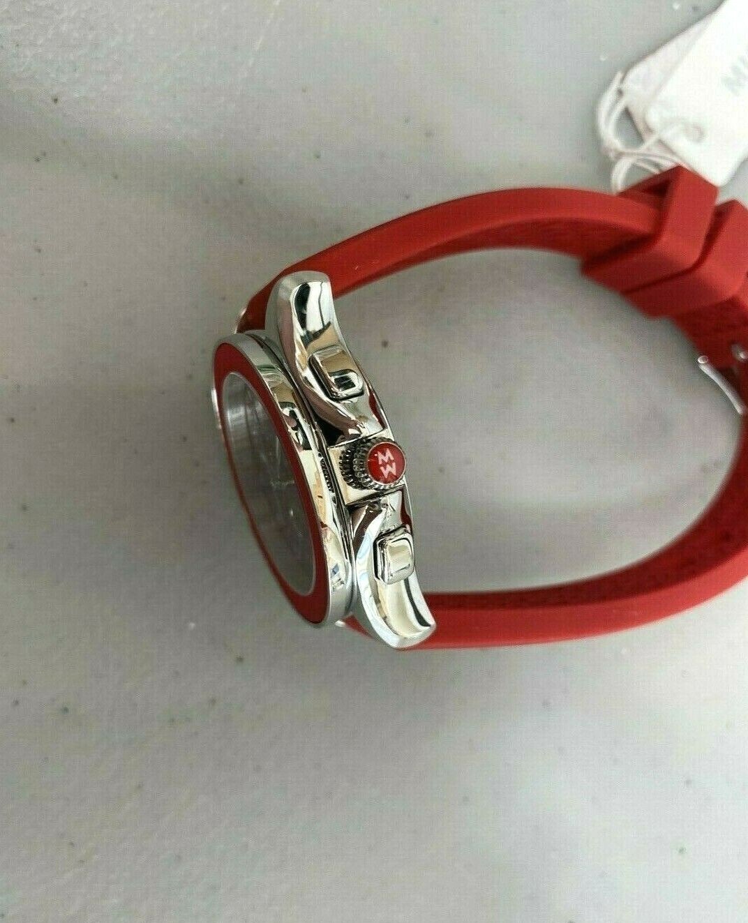 MICHELE MWW27C000004 ‘Cape’ Chronograph Topaz Accent Silicone Strap Watch – Red