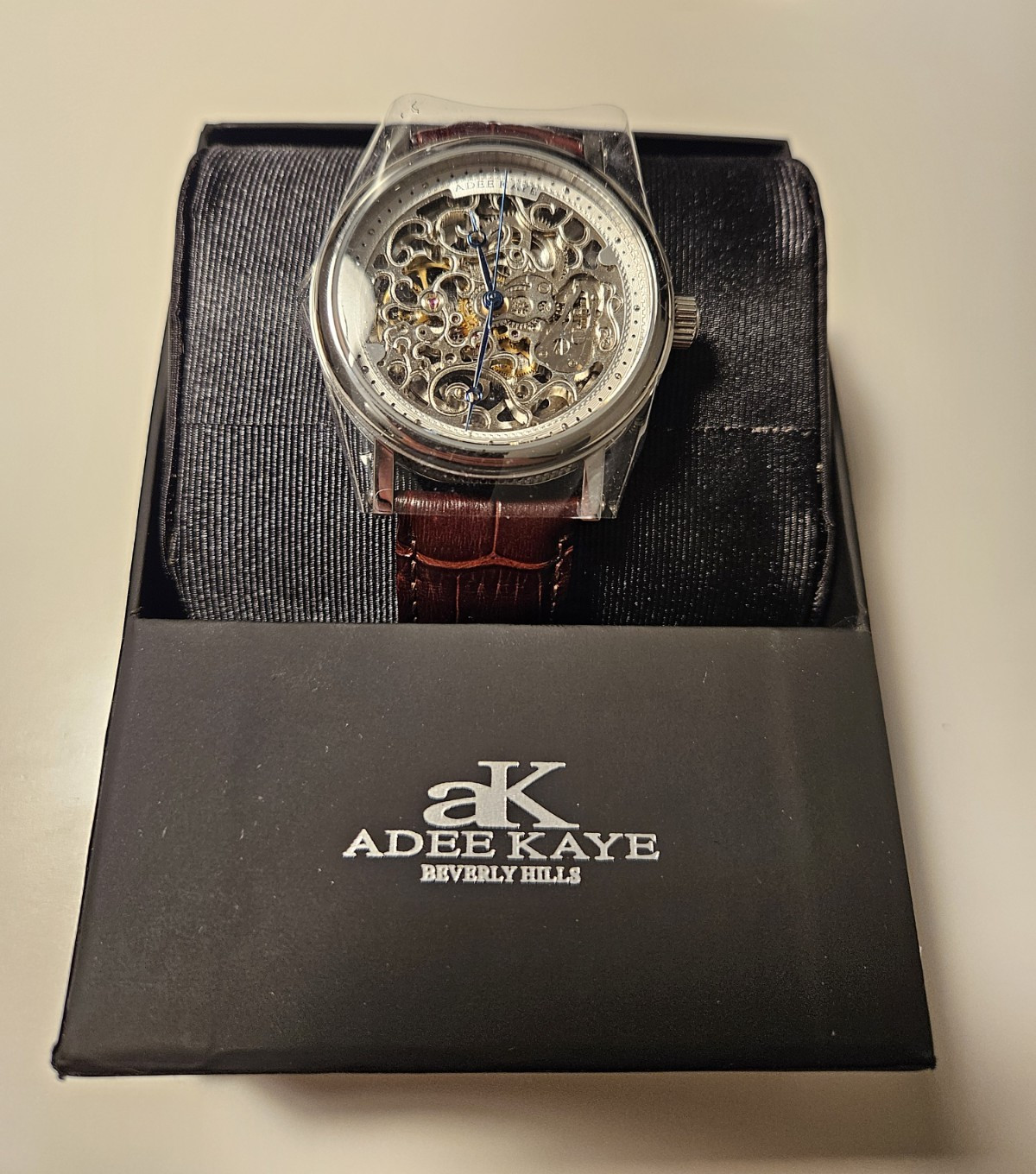 Adee Kaye Skeleton Automatic Silver Case Brown Leather Strap Box