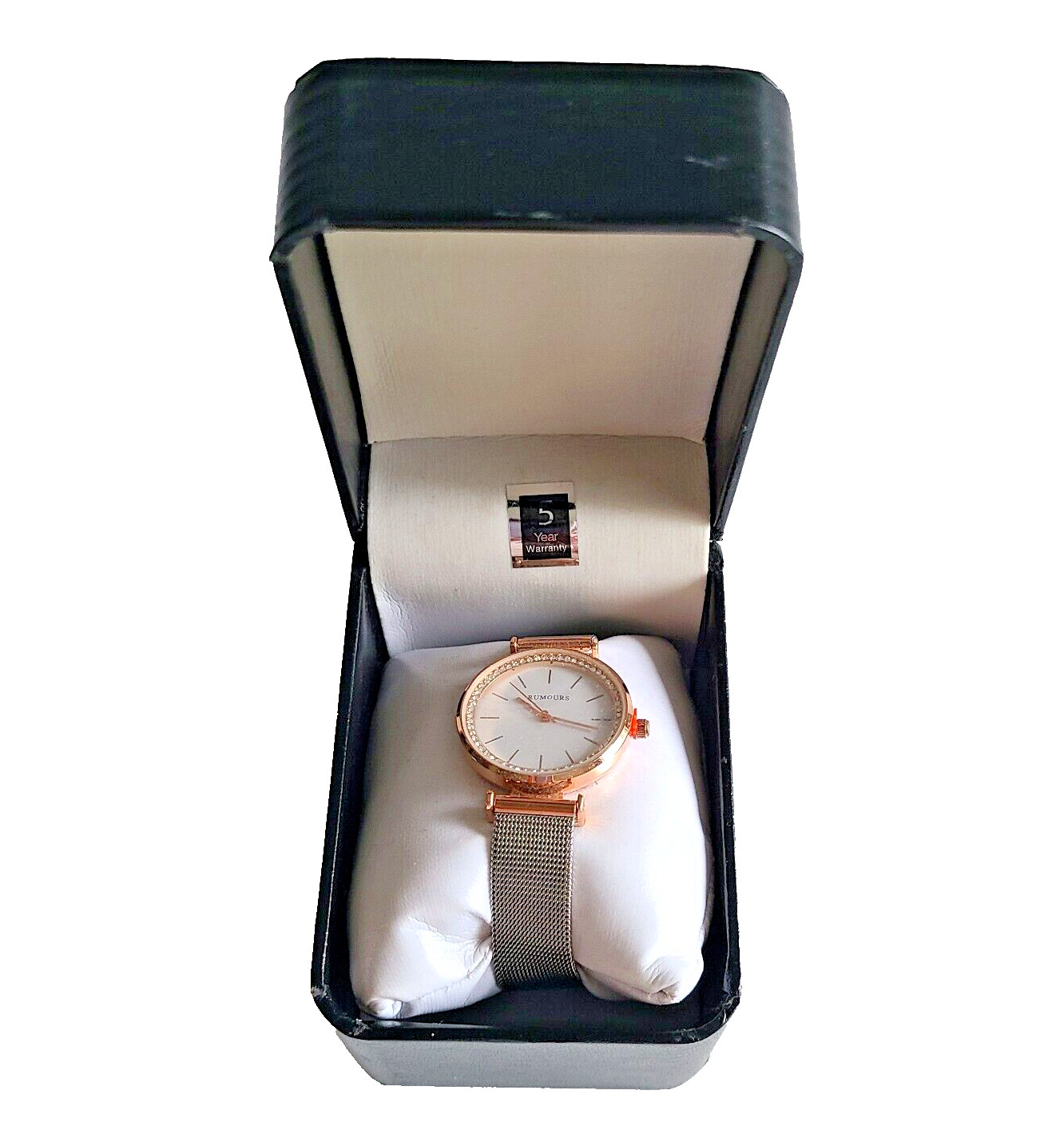 Women’s Watch Rumours Rose Gold Crystalized Silver Mesh Band Analog Quartz