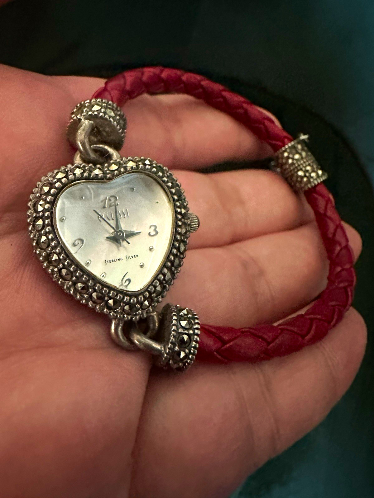 Ecclissi Sterling Heart Quartz Wristwatch Silver Dial Red Leather Wrap Strap