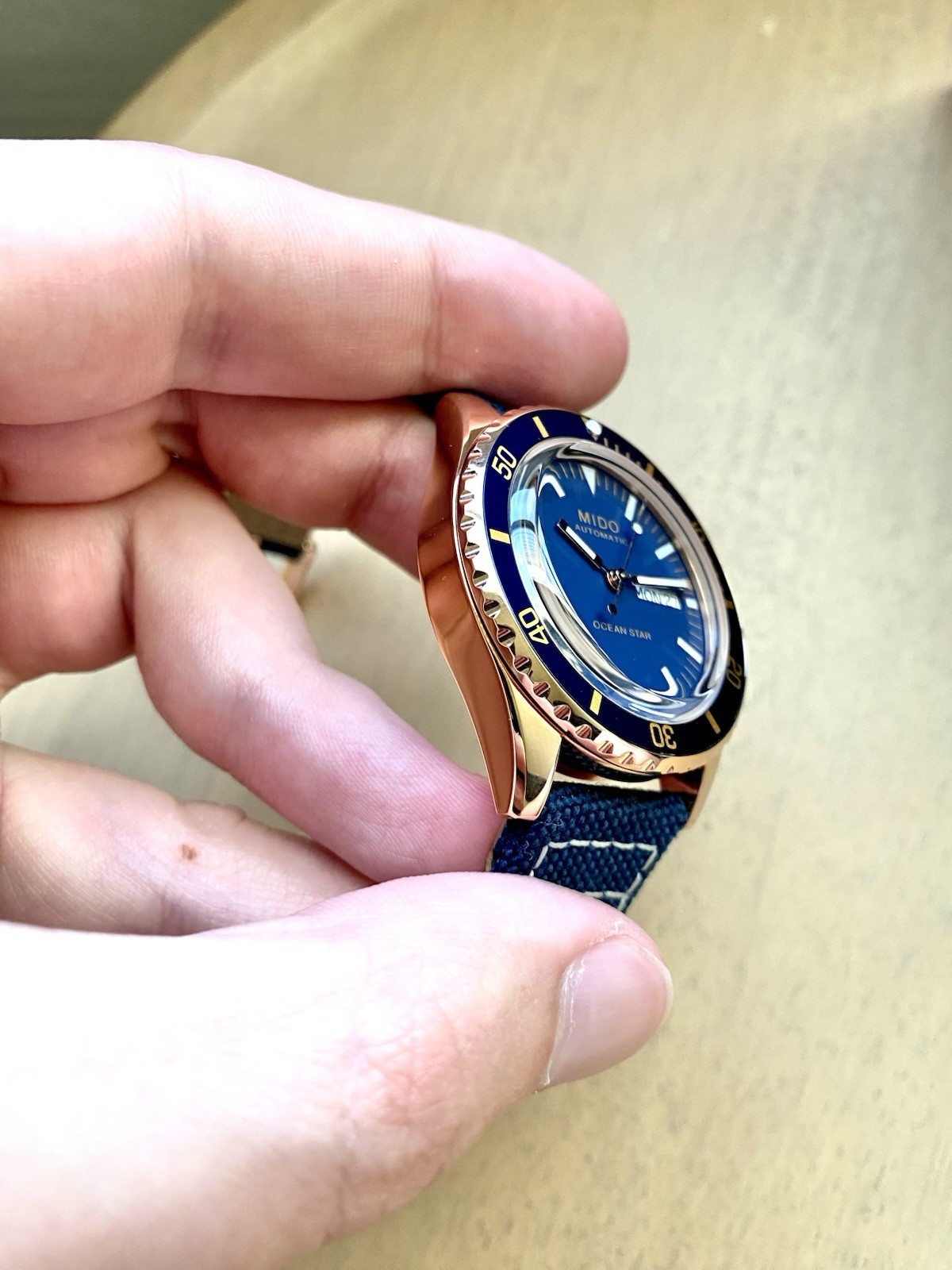 MIDO Ocean Star Automatic Diver Blue Dial/Bezel Rose Gold Case 40.5mm Day/Date