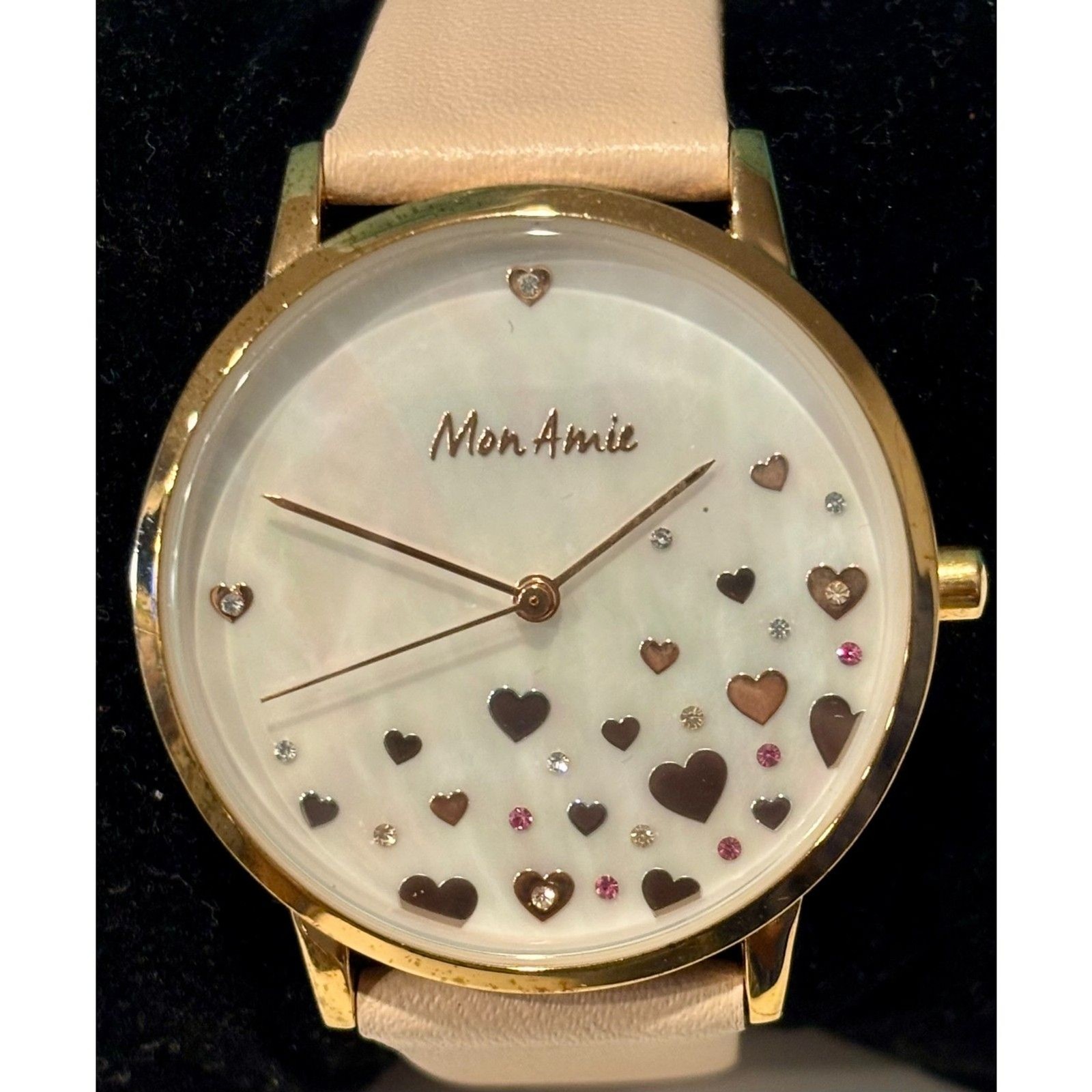 Mon Amie Women’s Quartz Watch – Mother of Pearl & Floating Hearts- NEW BATTERY