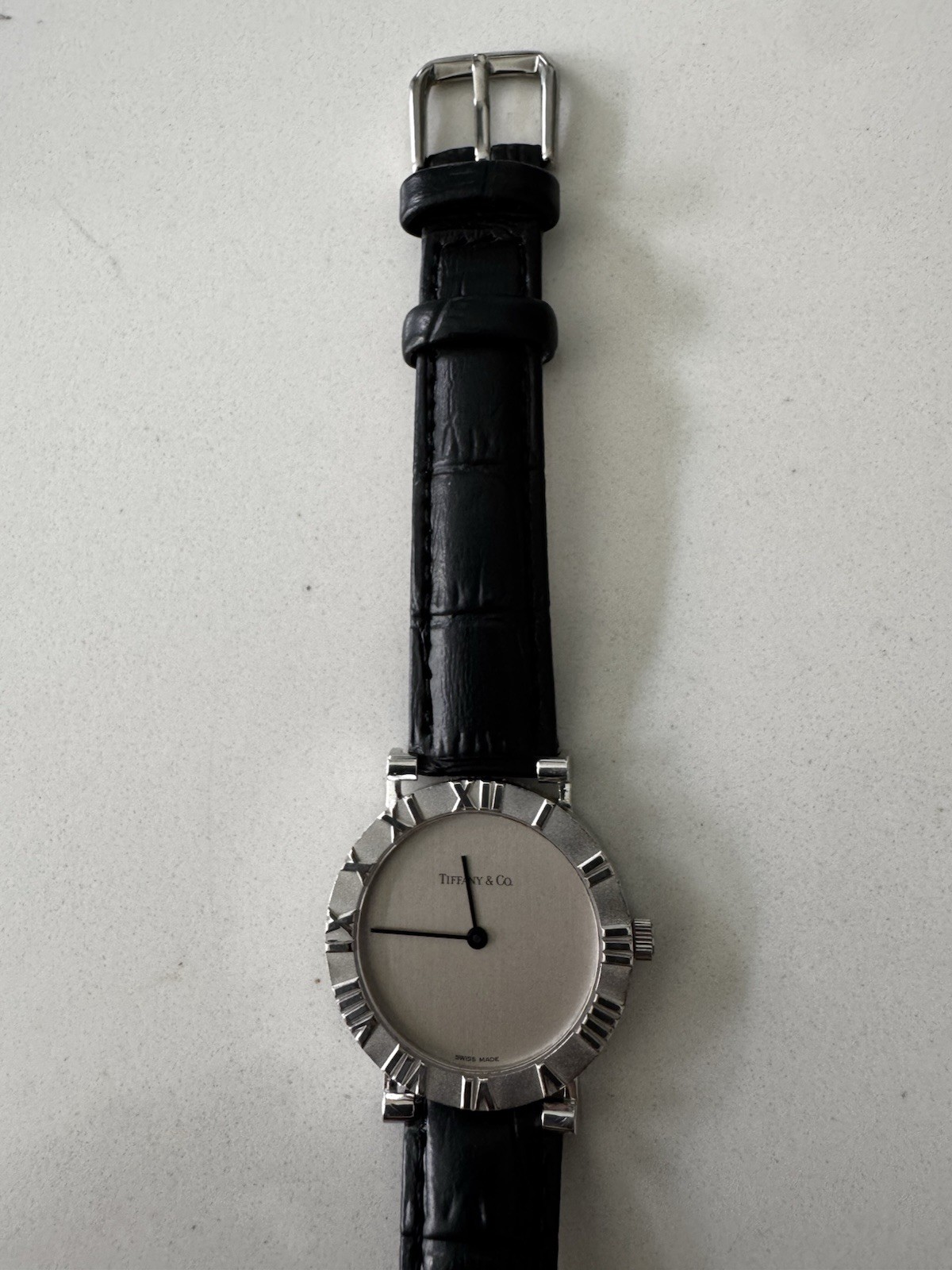 Tiffany & Co. Atlas Swiss Made M0640 Quartz Sterling Silver Watch Black Leather
