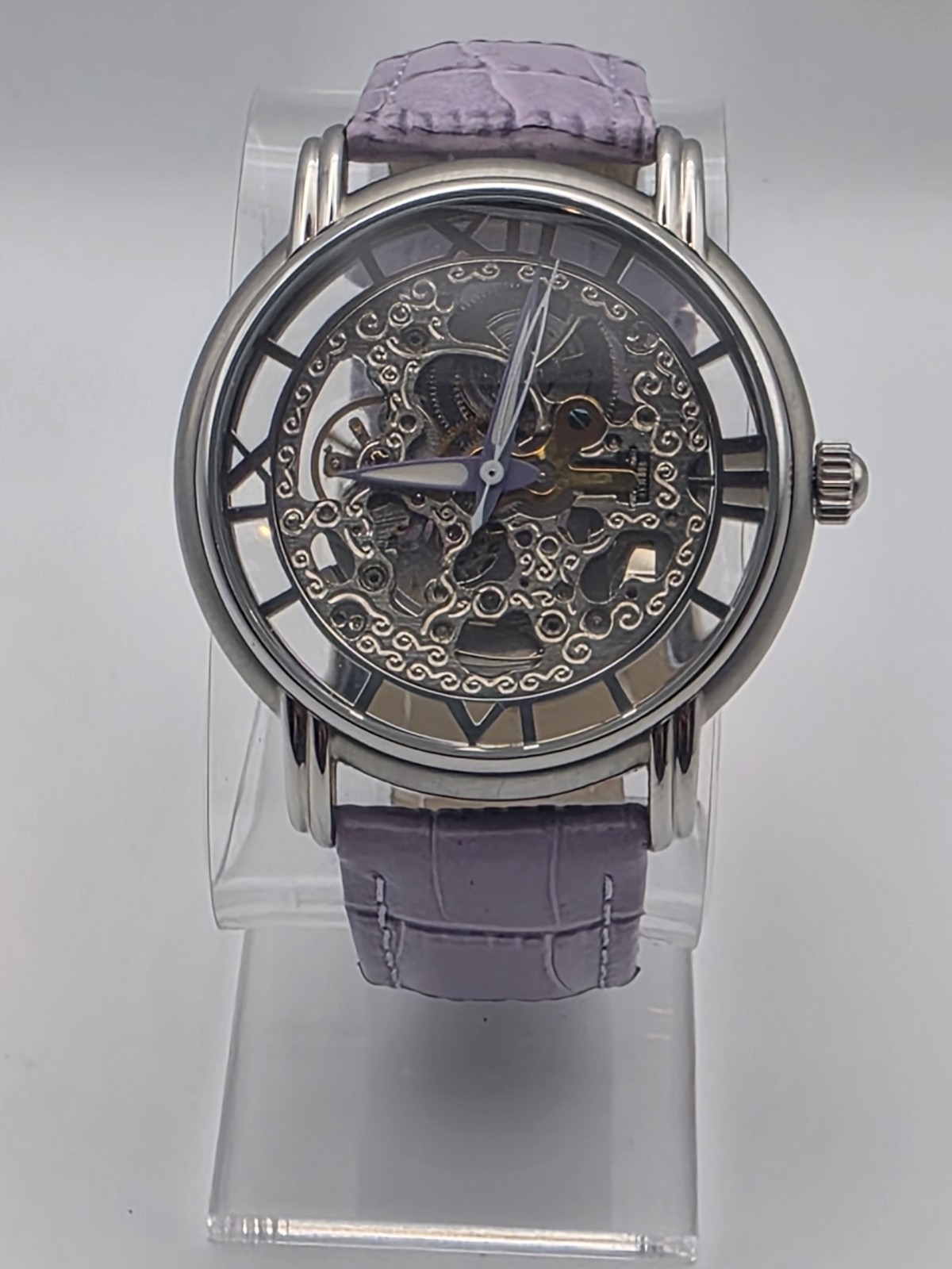 Jeanneret Automatic Skeleton Watch Womens Lavender Leather Strap J-1005-2416