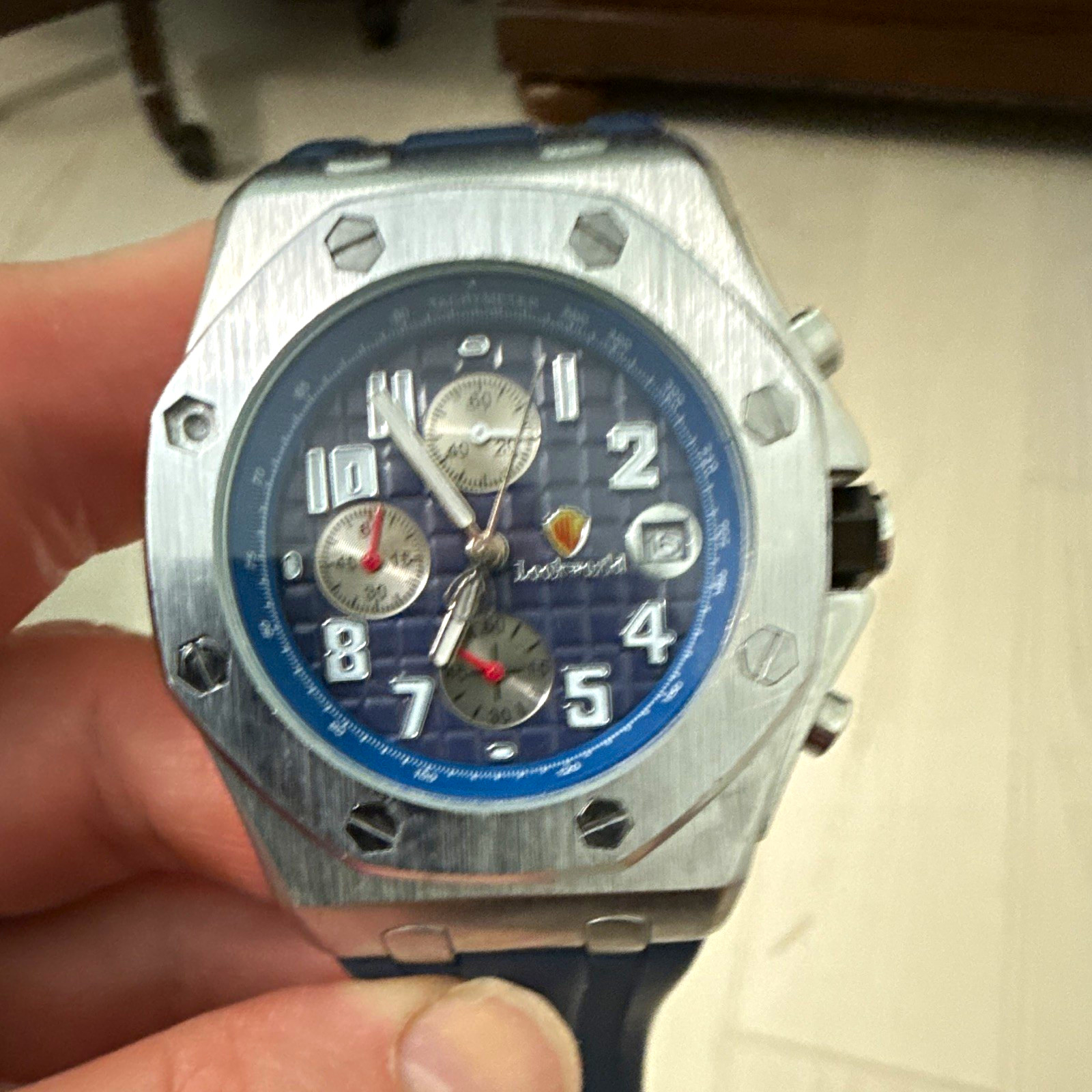 Lourworld Octagon Chronograph Quartz Watch 44mm Blue Dial Silver Rubber Band