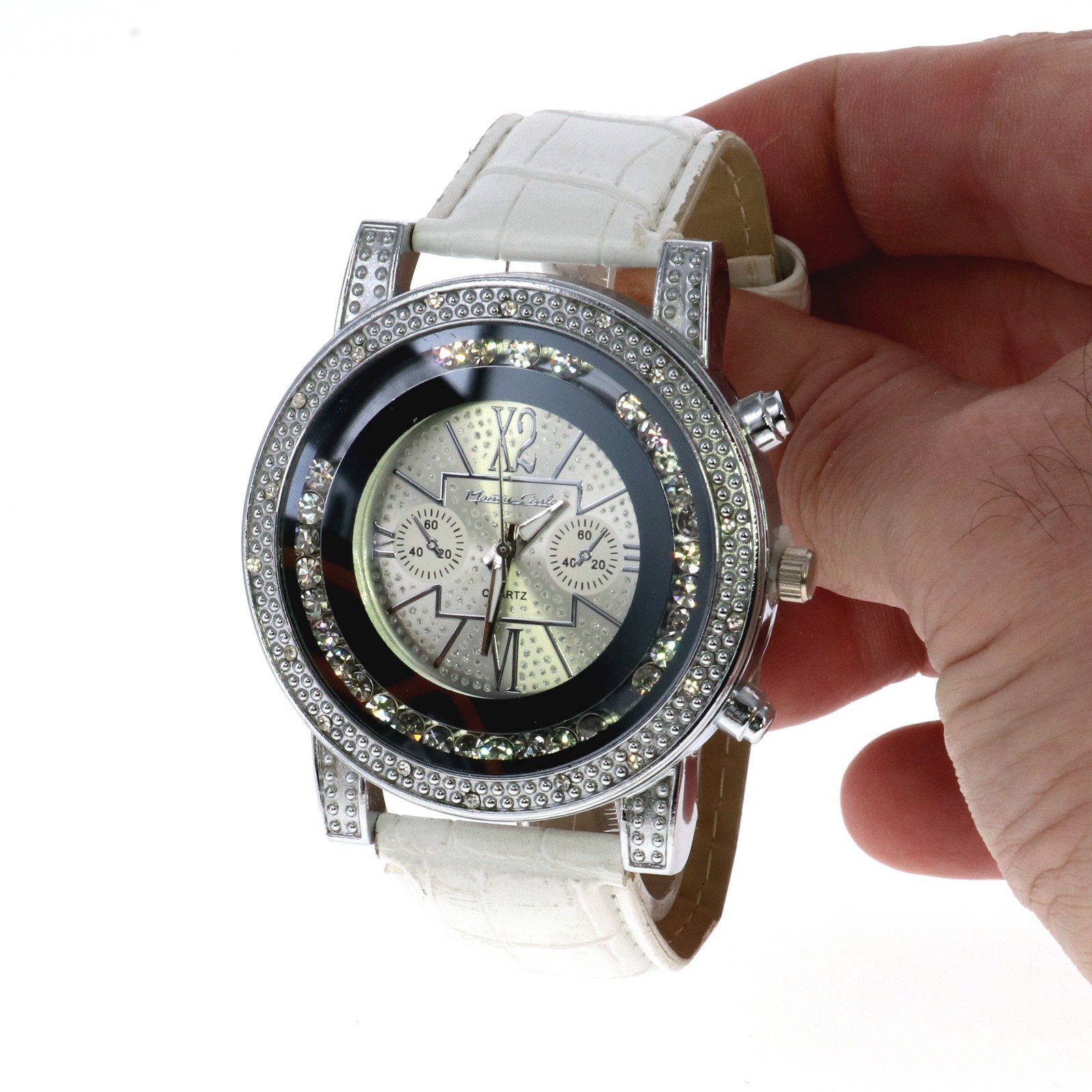 Hip Hop Men’s Floating Clear Stone, Silver Tone White Leather Band Watch