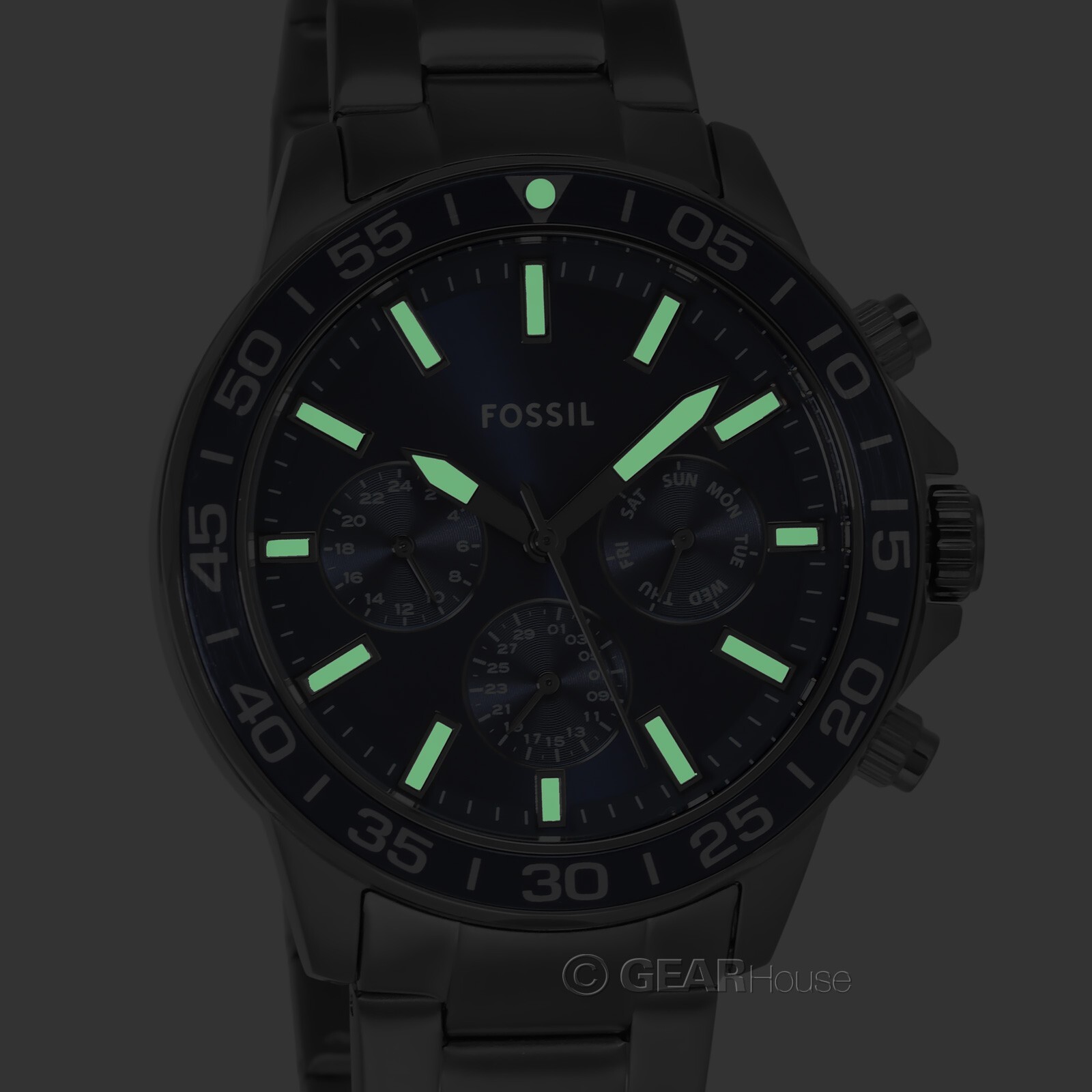 FOSSIL Bannon Mens Multifunction Watch, Blue Dial Date Gray Stainless Steel Band