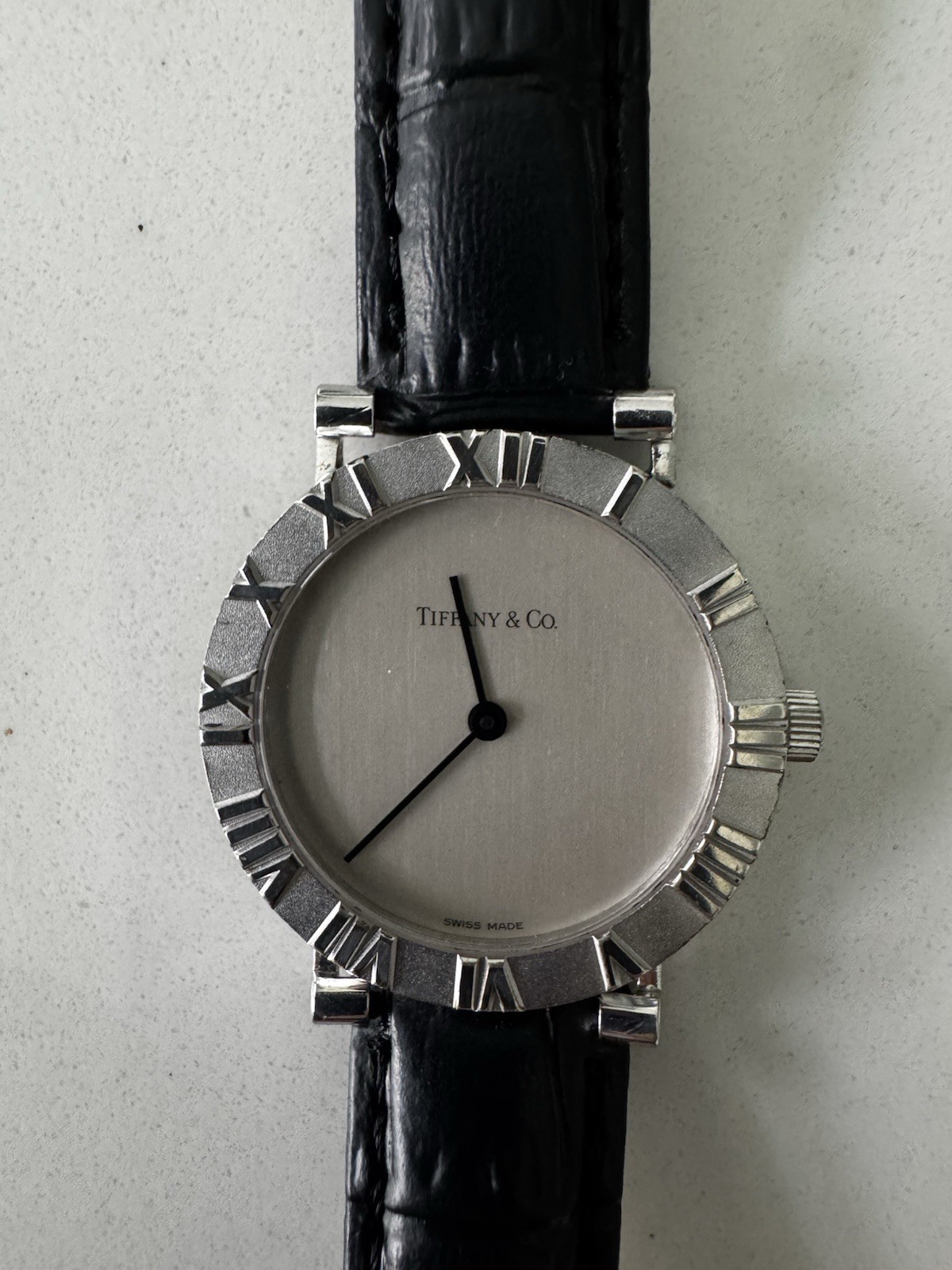 Tiffany & Co. Atlas Swiss Made M0640 Quartz Sterling Silver Watch Black Leather