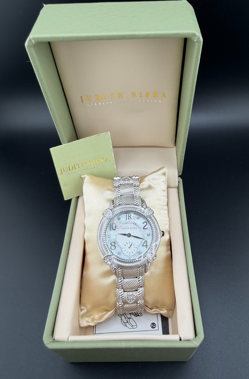 NWT JUDITH RIPKA STERLING SILVER 925 CLEAR CZ MOP FACE LADIES WRISTWATCH