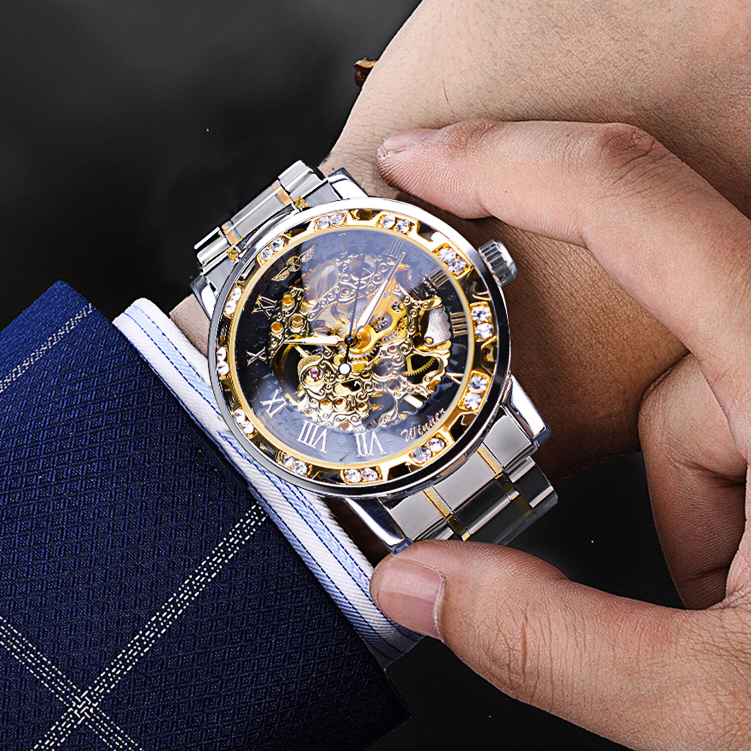 T-Winner Luxury Men’s Stainless Steel Diamond Hollow Mechanical Wrist Watches