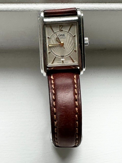 Vintage Oris Rectangular Date Automatic Guilloché Dial Stainless Steel Watch ~19