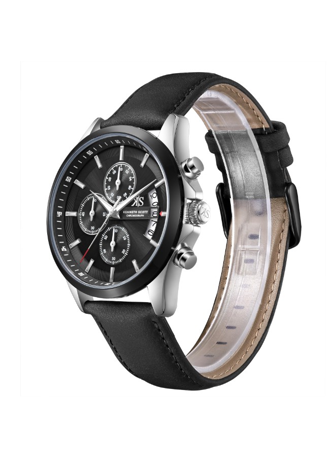 Kenneth Scott Men’s Chronograph Watch | Black Dial, Black Leather Band, 42mm