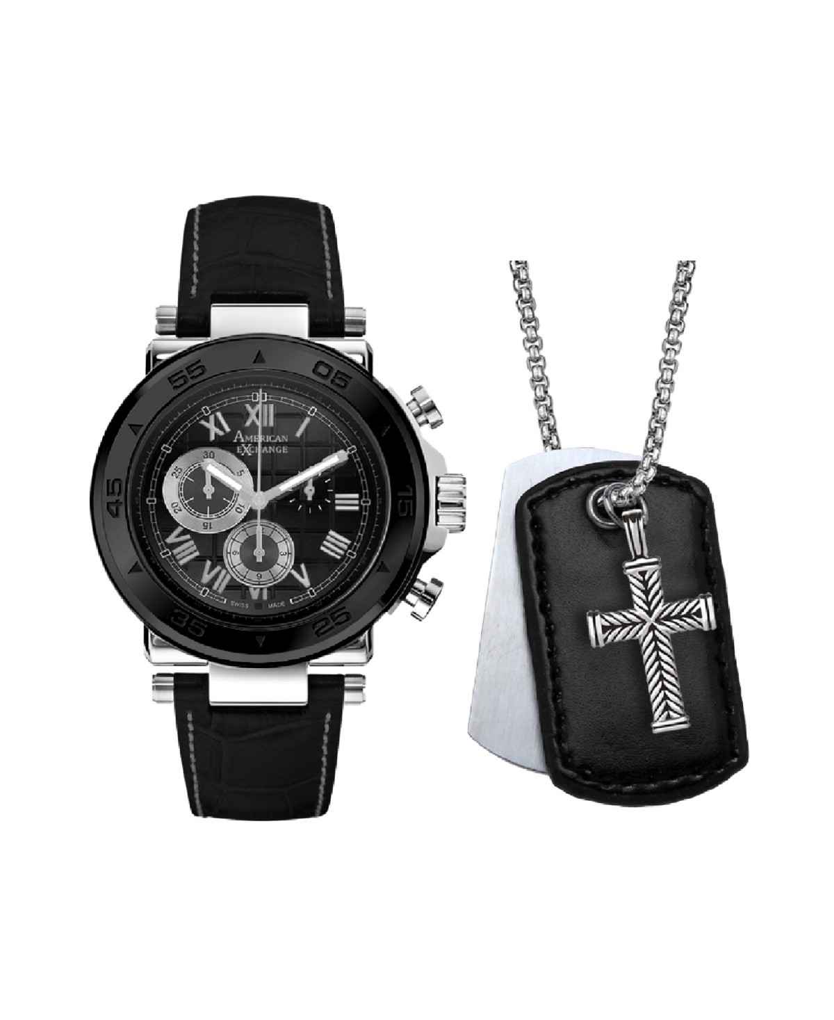 American Exchange Men’s Analog Three-Hand Quartz Black Leather Strap Watch 44mm