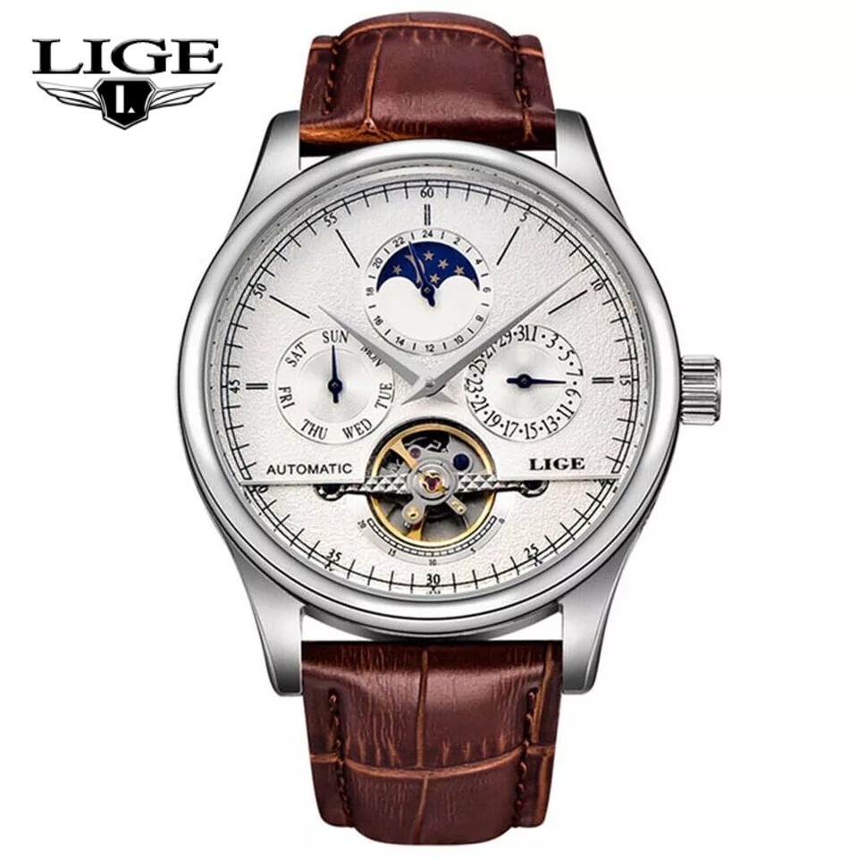 2024 Men Watch Automatic Mechanical Moon phases Date Week Daily Wristwatch Gift