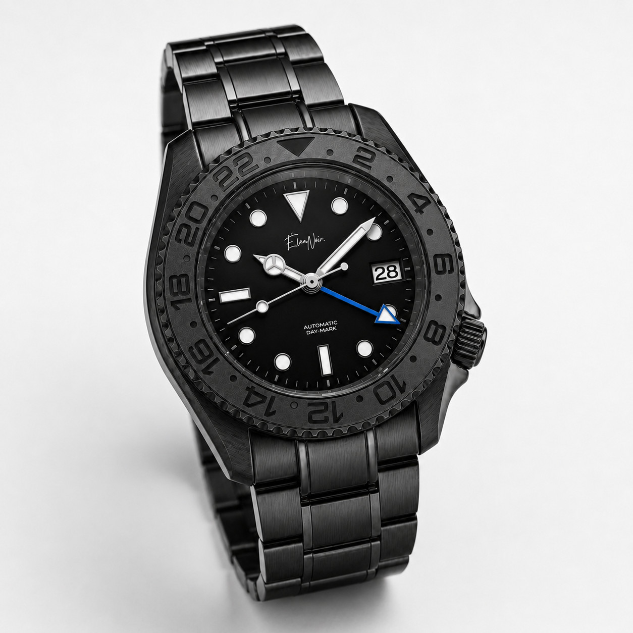Élan Noir Automatic Day Date GMT Watch 41mm Black-Out NH35 Stainless Steel Blue