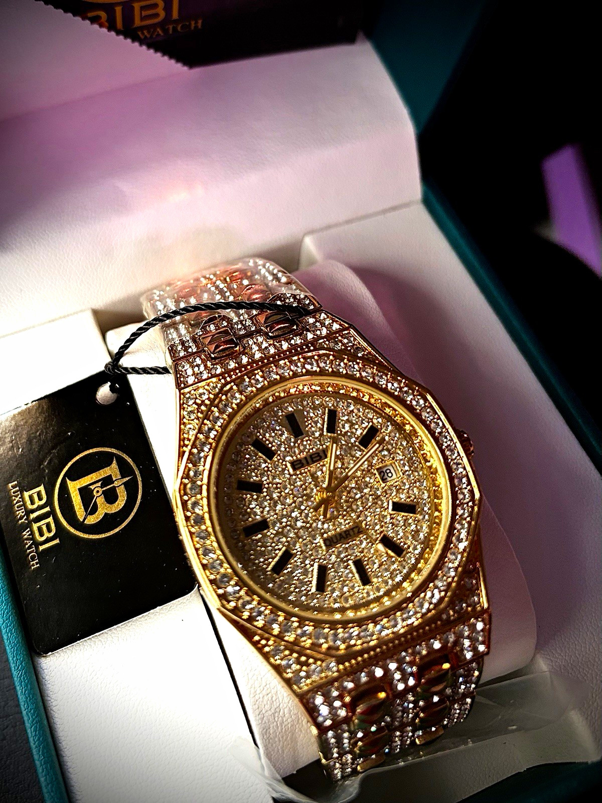 BIBI Luxury Gold-Tone Quartz Date Analog Crystal Bracelet Watch Box