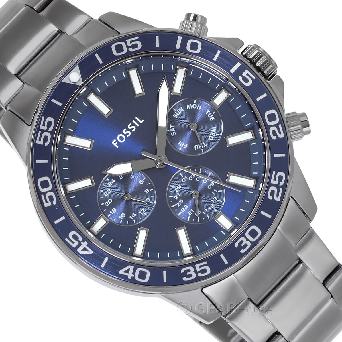 FOSSIL Bannon Mens Multifunction Watch, Blue Dial Date Gray Stainless Steel Band