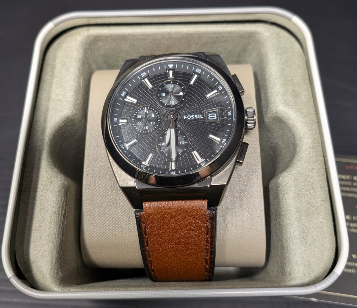Fossil FS5799 Everett Chronograph Black Dial Brown Leather Watch Box Tag