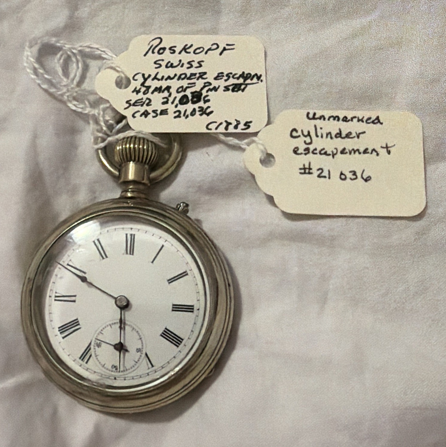 Roskopf Silver Open Face Pocket Watch White Roman Dial Manual Cylinder 1870s