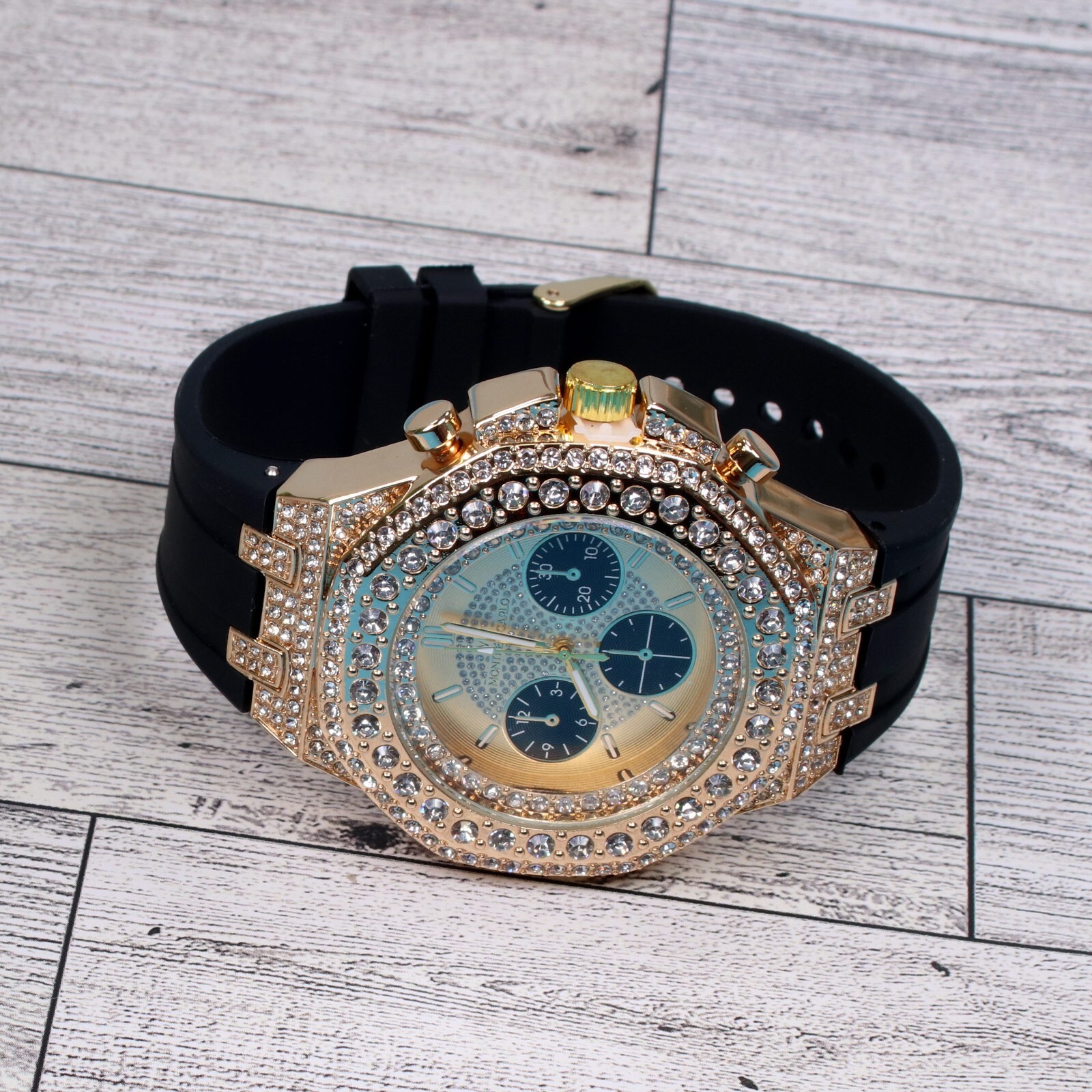Montres Carlo Men’s Hip Hop Rapper Luxury Stones Dress Wrist Watch Gold Finish