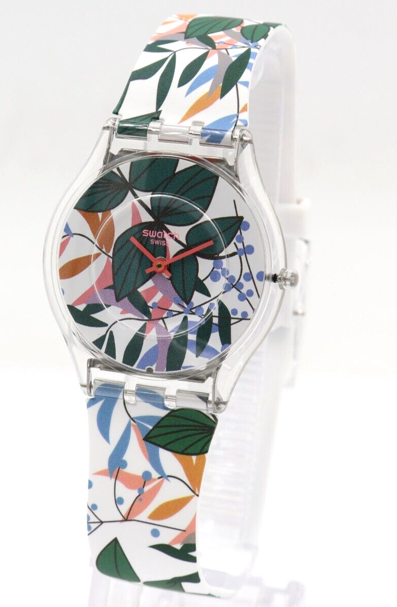 New Swiss Swatch Skin LEAVES JUNGLE Silicone Women Watch 34mm SSO8K111 $120
