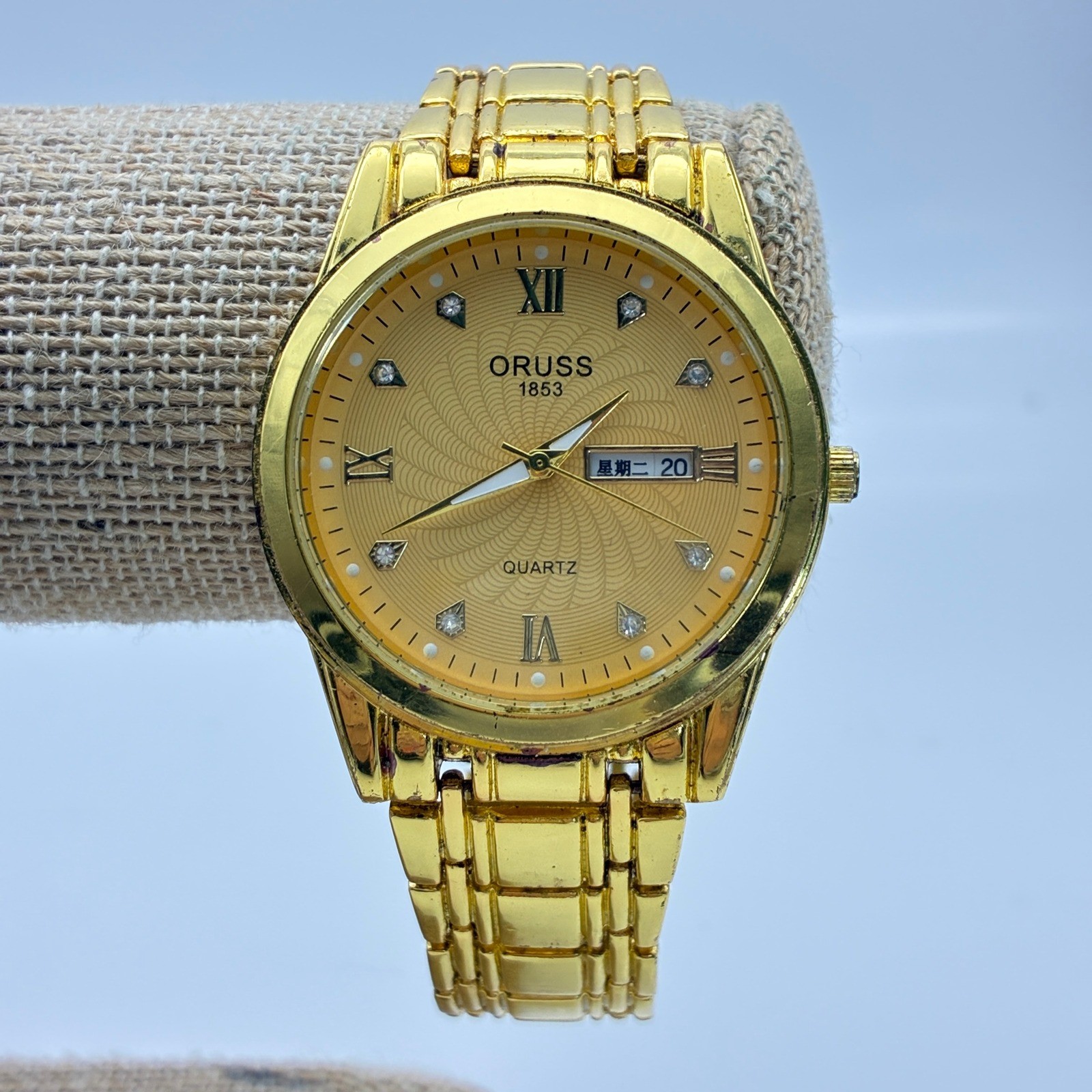 Oruss 1853 Gold Tone Quartz Watch Day Date Crystal Markers Japan Movt Men