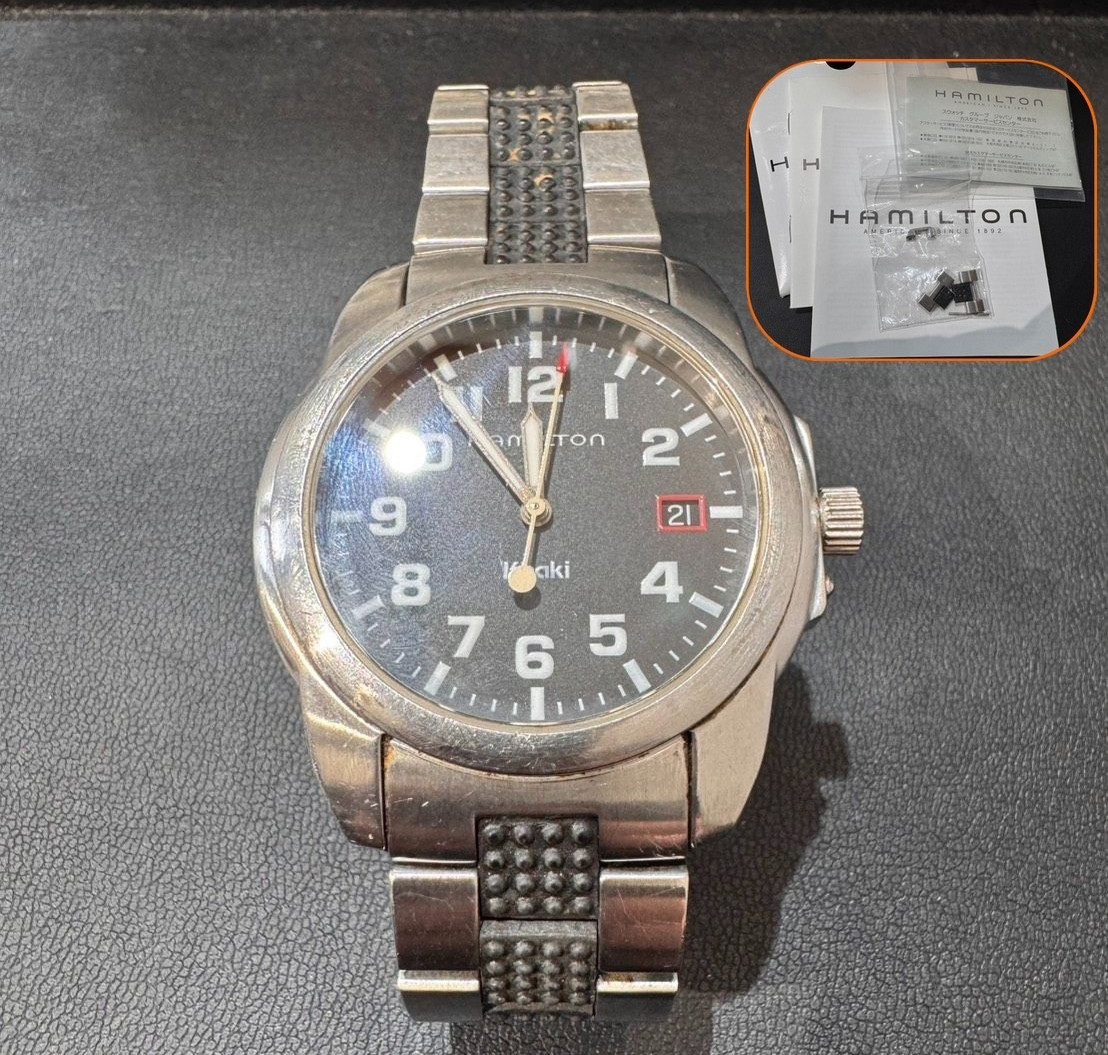 Hamilton Khaki 6309 Black Dial Quartz Date Watch Papers Extra Links Not Working
