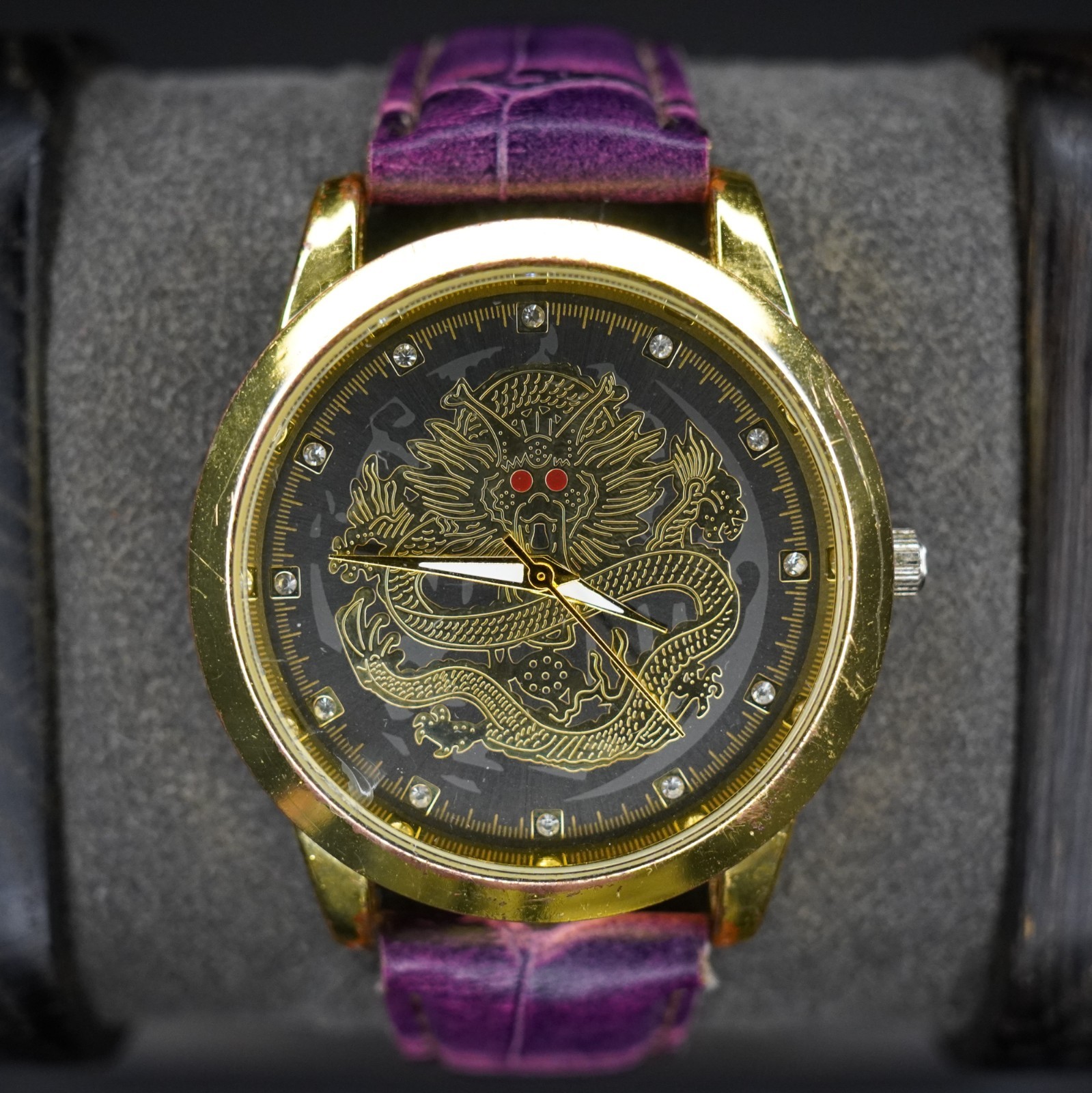 Oruss 1853 Dragon Men’s Quartz Watch Gold Tone Black Dial Purple Leather Band