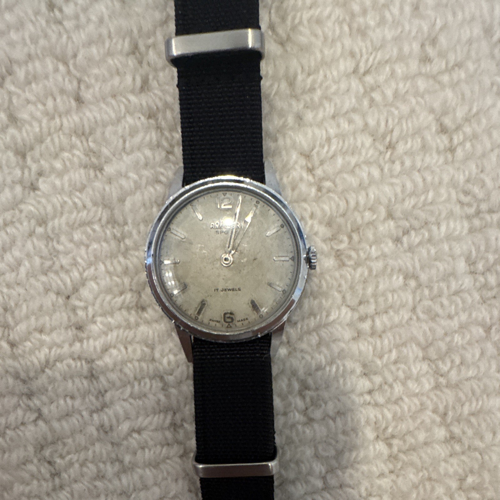 Roamer Sport Swiss Made Manual Wind Watch 17J Silver Dial 33mm Black Nylon RUNS