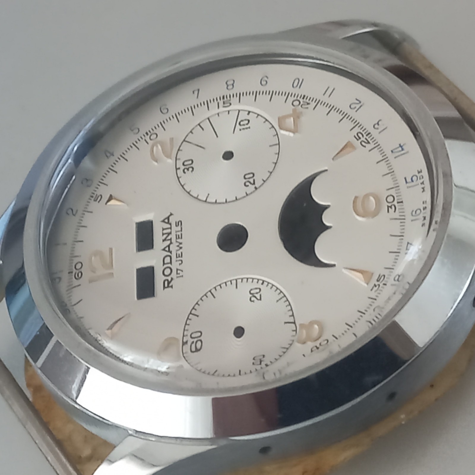 VINTAGE RODANIA TRIPLE DATE MOONPHASE CHRONOGRAPH WATCH CASE DIAL LANDERON 186