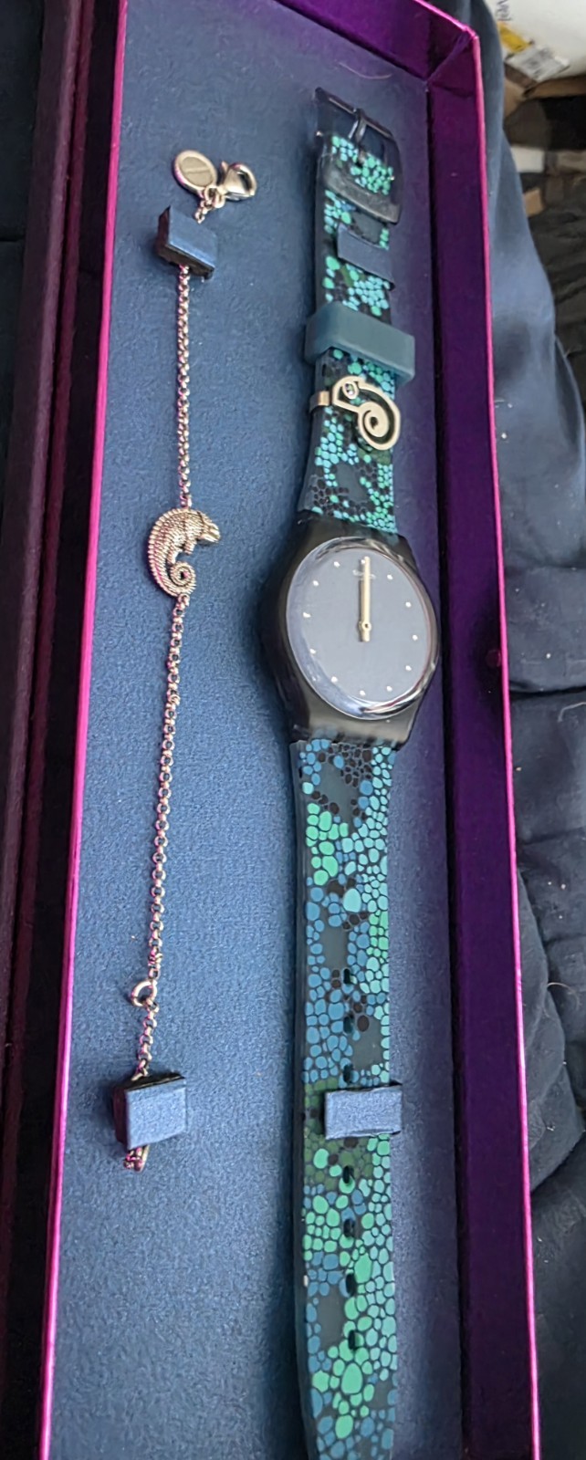 Swatch GZ320 Chamecrazy Blue Green Bubbles 925 Silver Chameleon Bracelet In Box