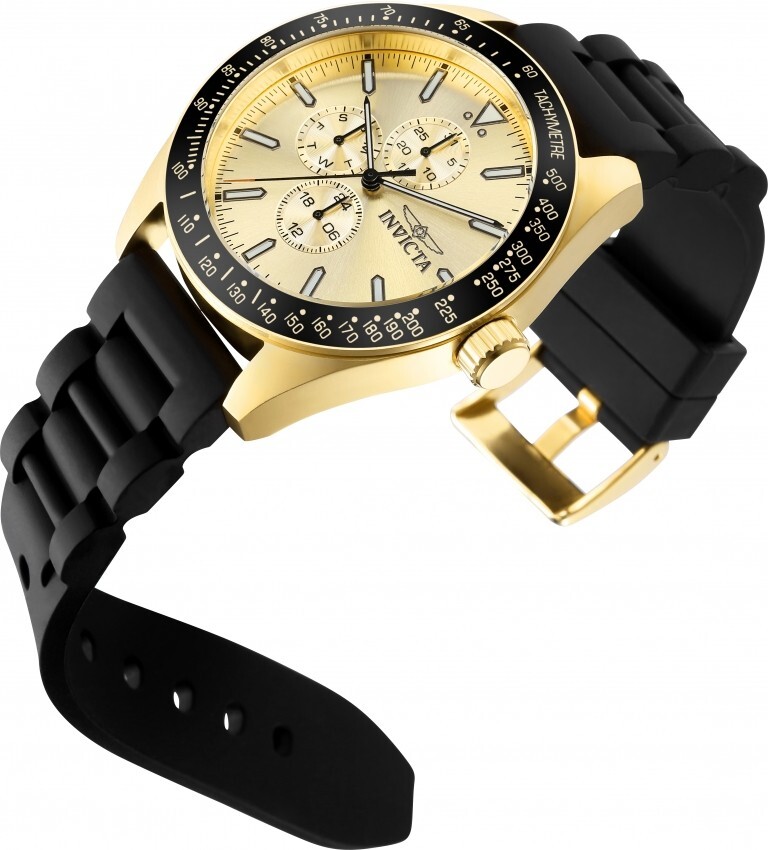 Invicta Aviator Men’s Multifunction Gold Dial Quartz Black Silicone Band Watch