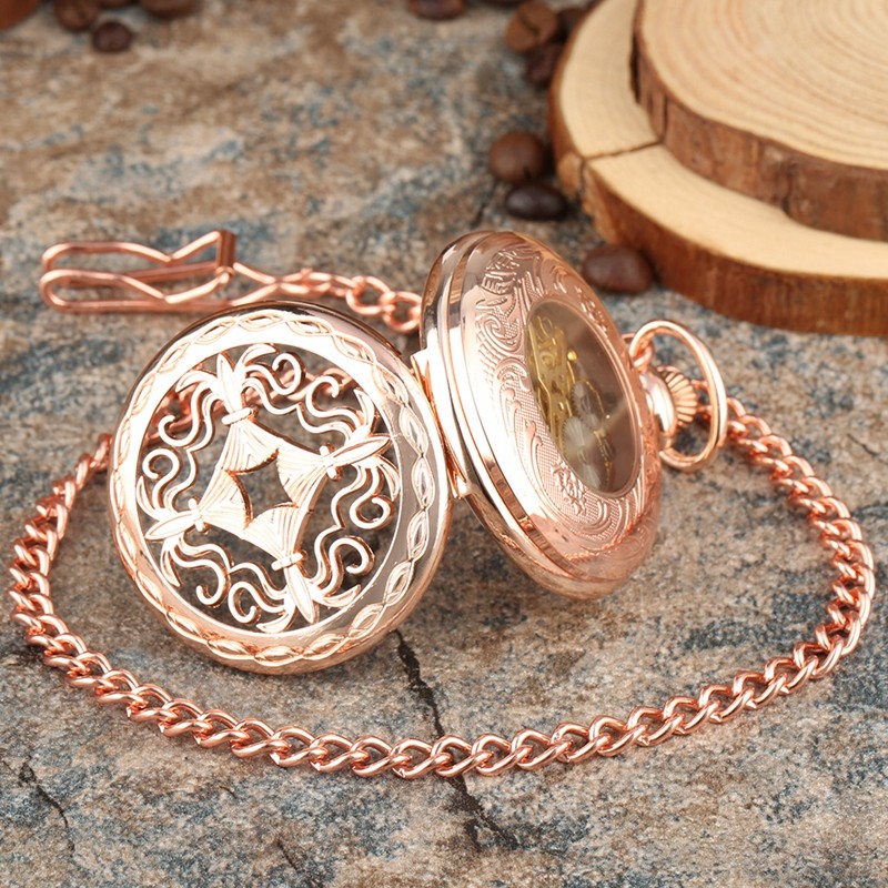 Steampunk RoseGold Skeleton Mechanical Pocket Watch Roman Dial Wedding Gift
