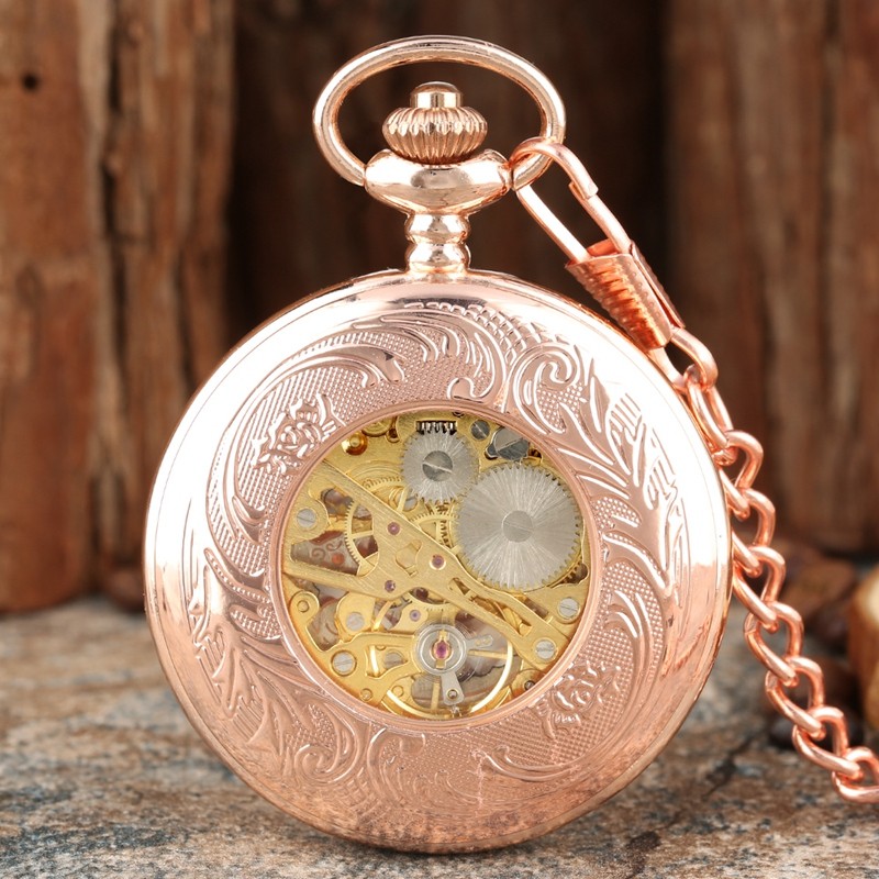Steampunk RoseGold Skeleton Mechanical Pocket Watch Roman Dial Wedding Gift
