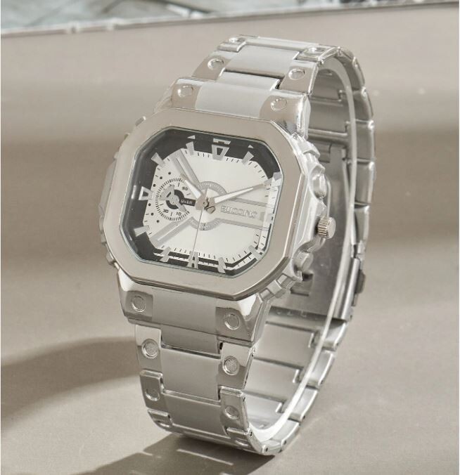 Men’s Futuristic Style Watch Stainless Steel Strap Silver & Black Quartz Urban