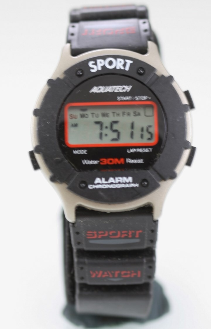 Aquatech Watch Men Gray Black Plastic 30m Chronograph Date Alarm Battery Quartz