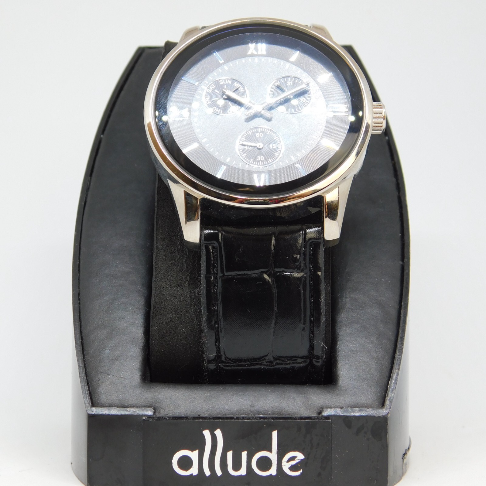 Allude Silver Tone Case Black Tone Band Quartz Analog Men’s Watch New Battery