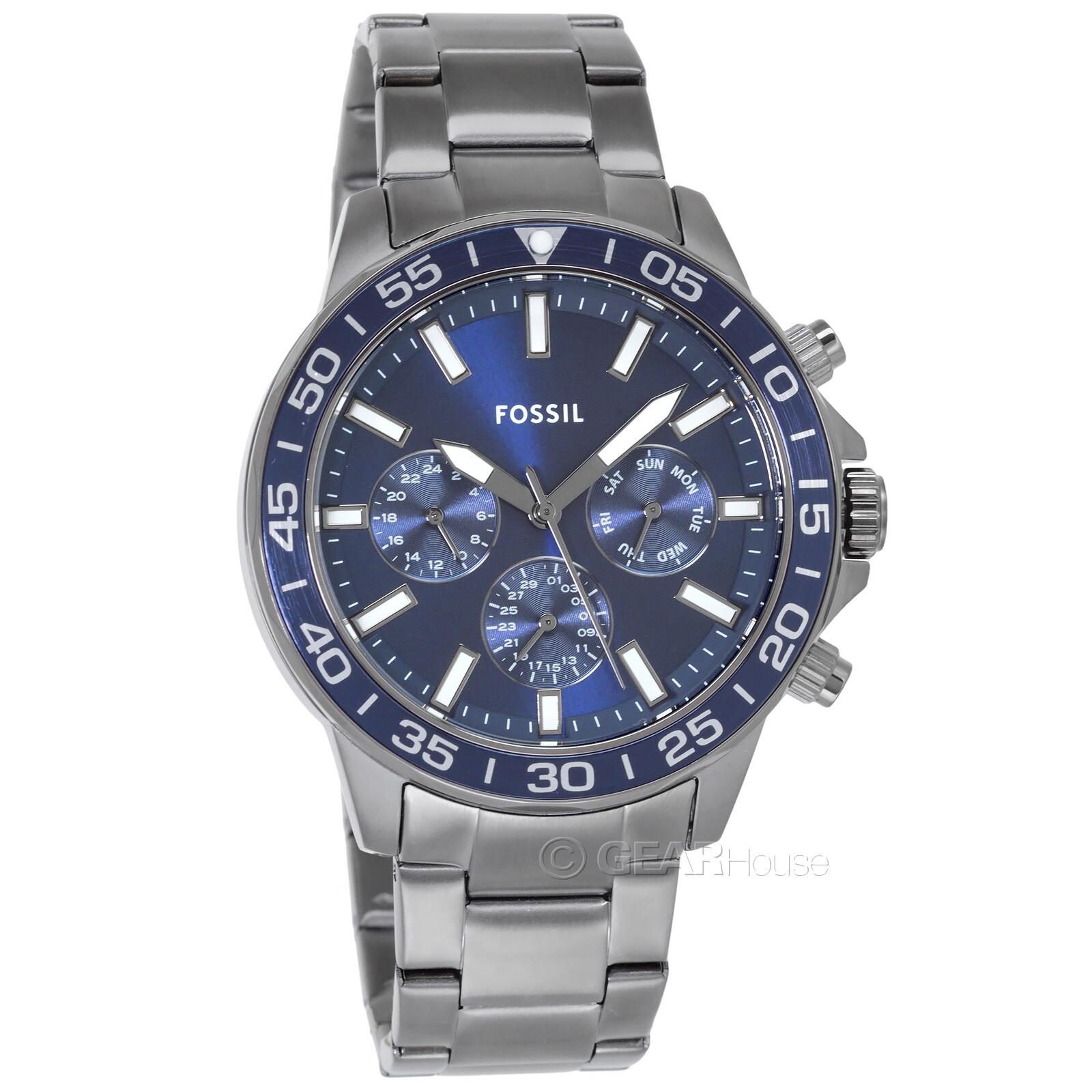 FOSSIL Bannon Mens Multifunction Watch, Blue Dial Date Gray Stainless Steel Band