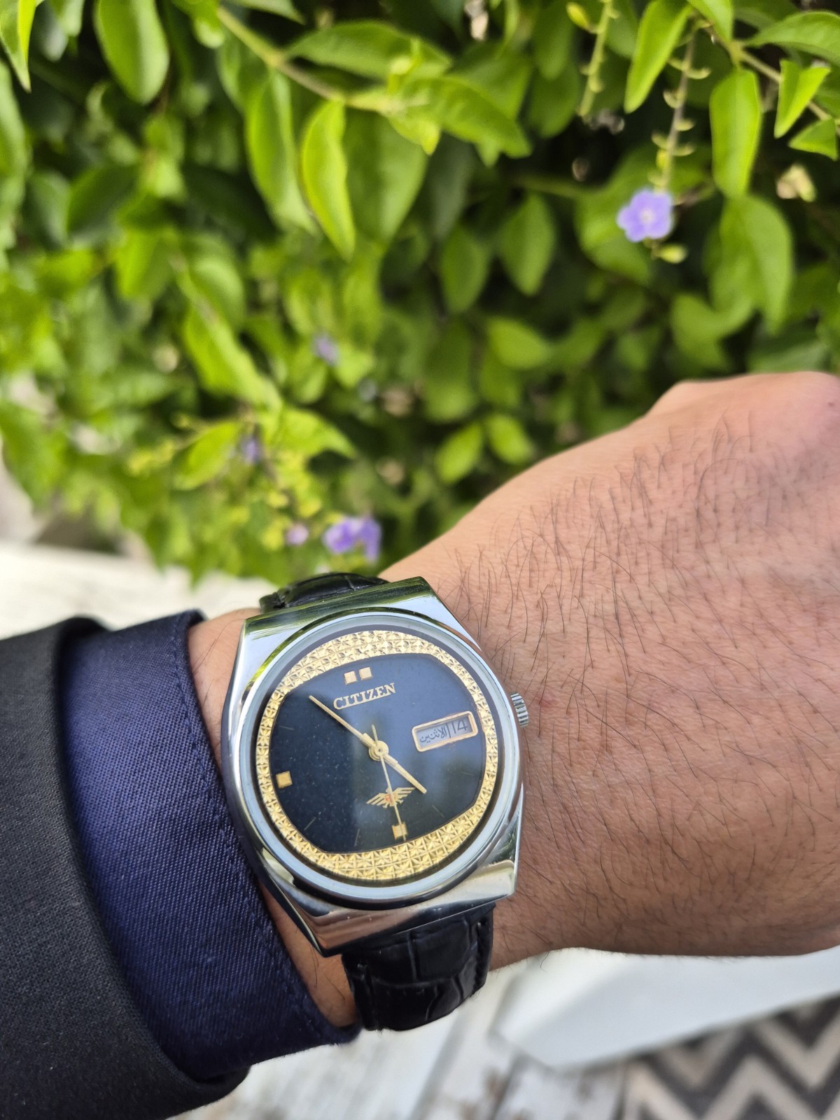 Citizen Automatic 21J E7 Vintage Black/Gold Dial Day/Date SS Case Leather Strap