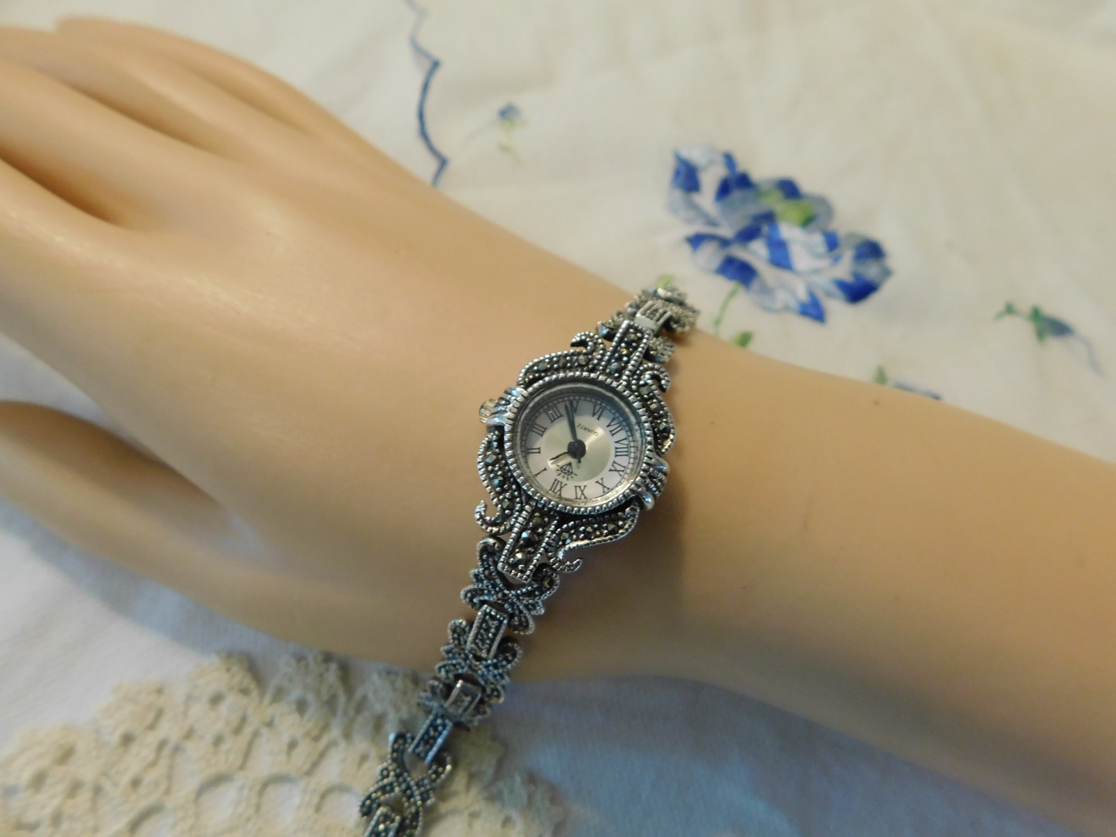 Sterling Silver Marcasite Quartz Watch 925 Art Deco Style WORKS