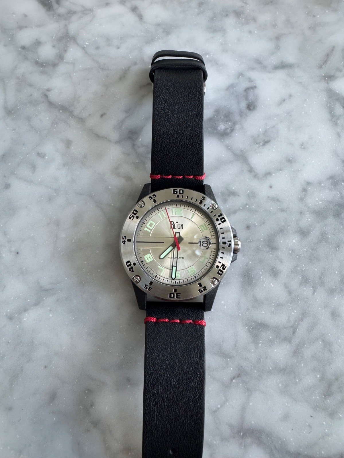 Reign Automatic Men’s Watch Black Case and Silver Dial with Red and Green Accent