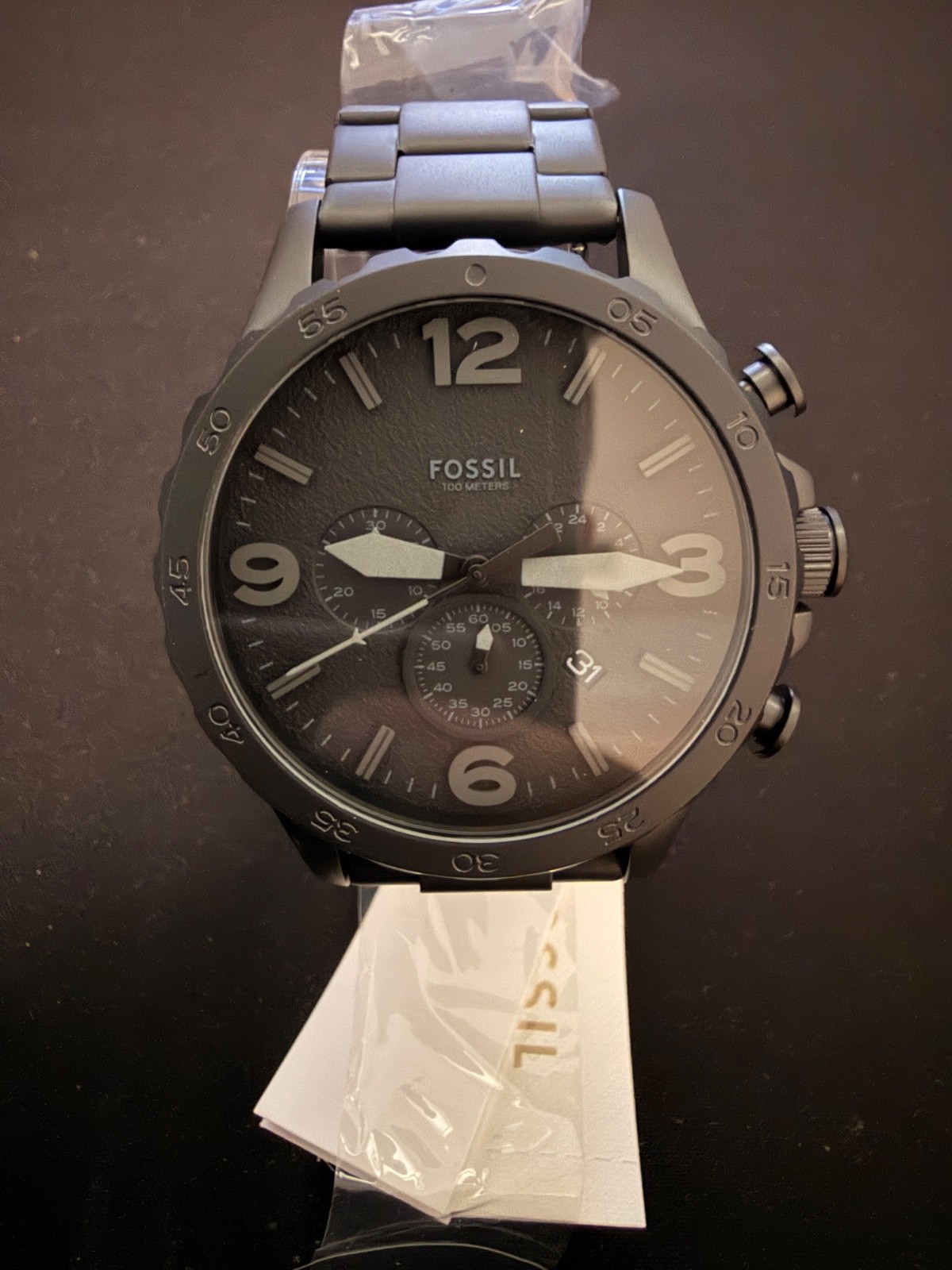 Fossil JR1401 Matte Black Stainless Chronograph Watch 10ATM 24mm Working Sleek