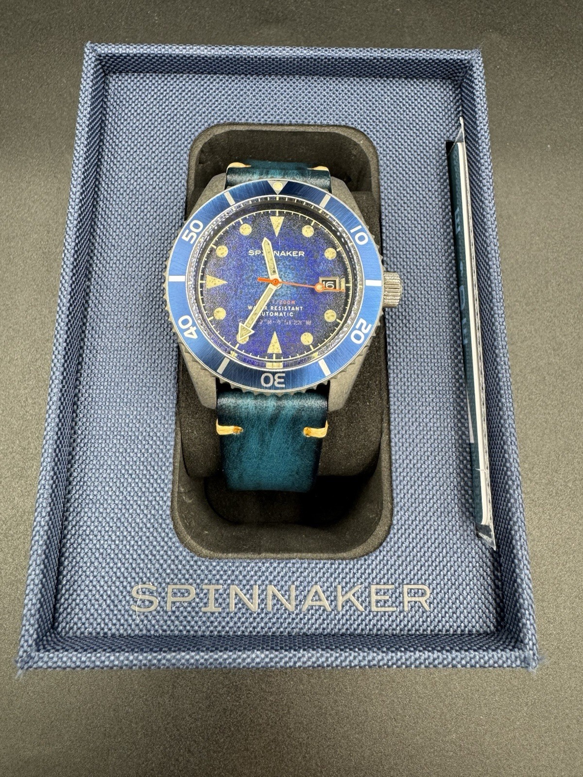 Spinnaker Wreck Auto Diver Oxidized Blue Leather Strap 44mm Watch Near Mint Cond